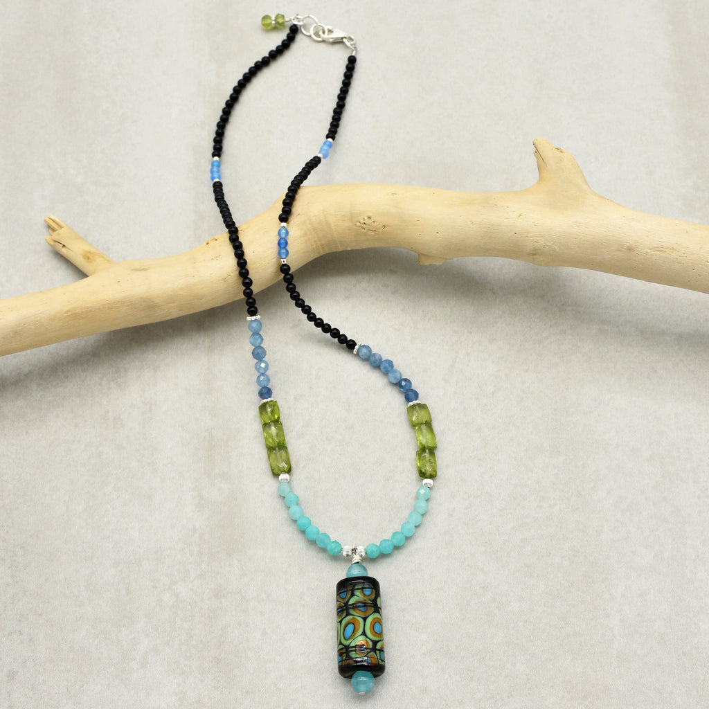 Michou Handmade Beaded Necklace. Artisan Lampwork Glass Focal, Amazonite, Aquamarine, Peridot, Onyx, Sterling Silver