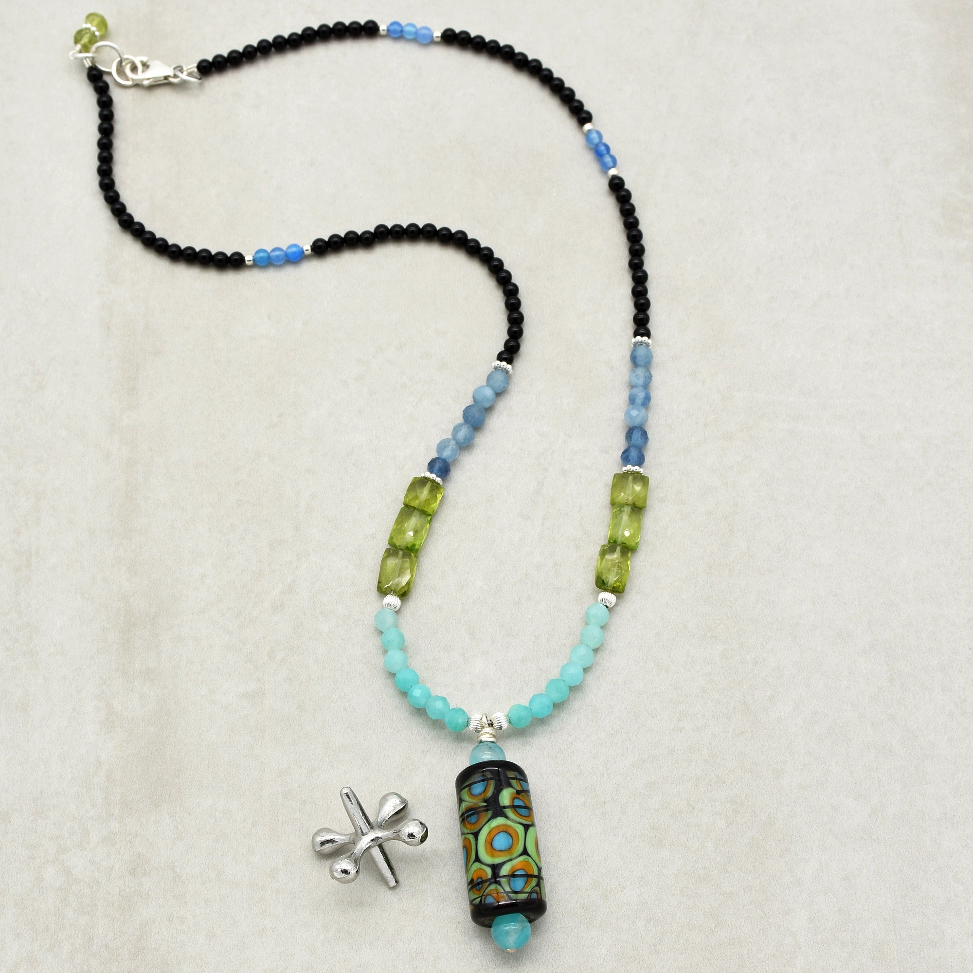 Michou Handmade Beaded Necklace. Artisan Lampwork Glass Focal, Amazonite, Aquamarine, Peridot, Onyx, Sterling Silver