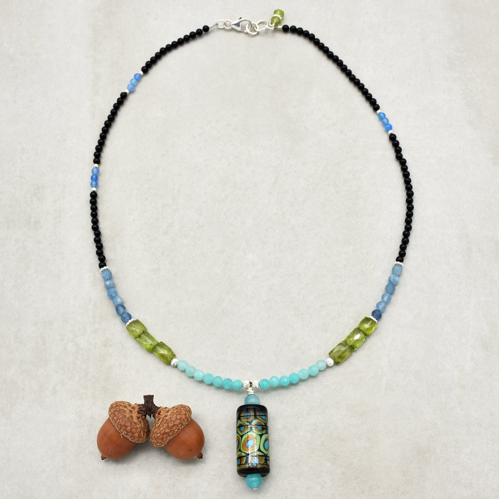 Michou Handmade Beaded Necklace. Artisan Lampwork Glass Focal, Amazonite, Aquamarine, Peridot, Onyx, Sterling Silver