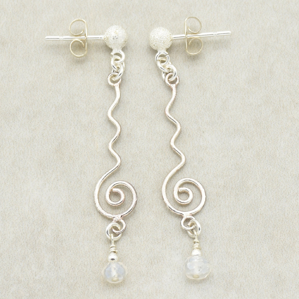 Moonstruck Handmade Dangle Earrings, Modern Sterling Silver links, Rainbow Moonstone