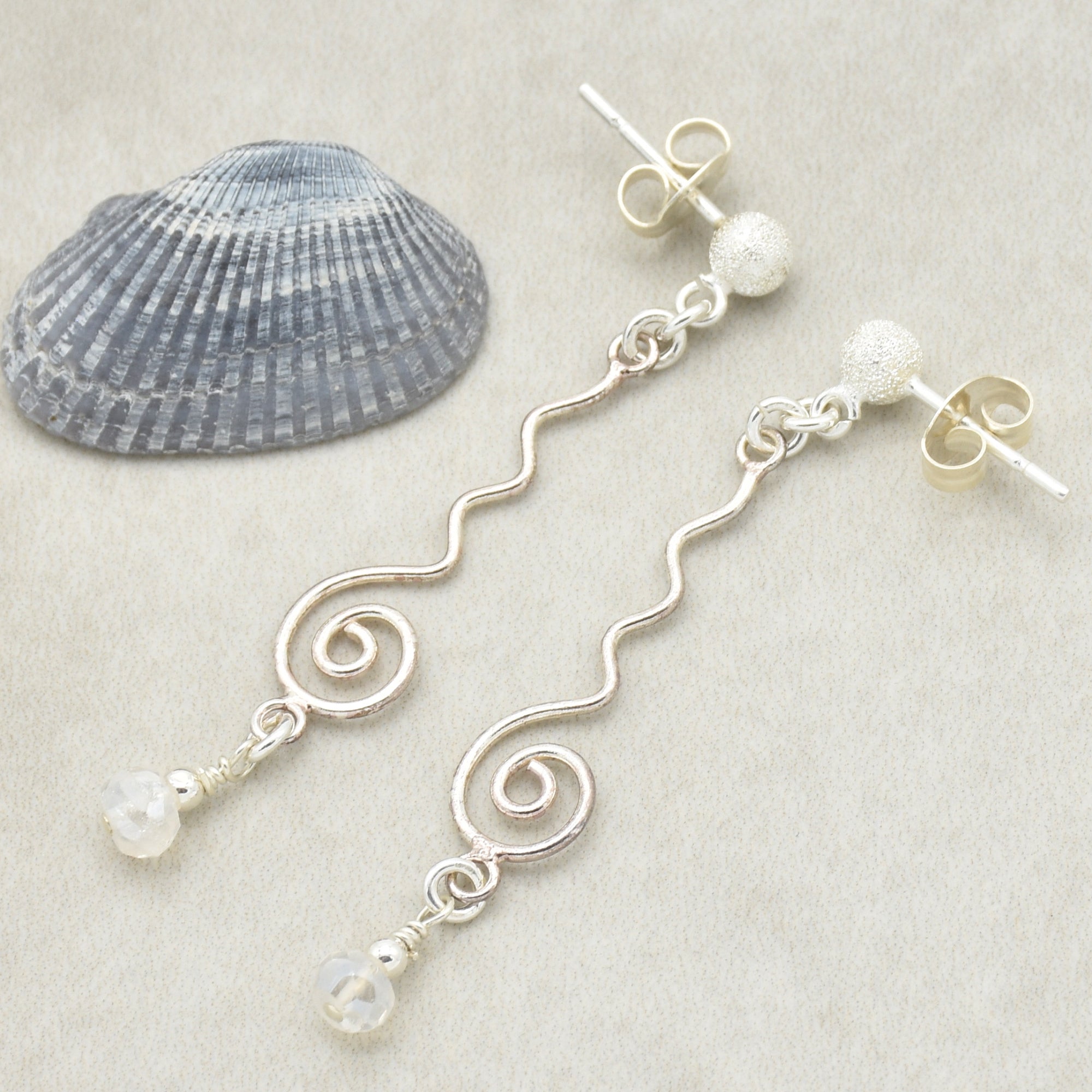 Moonstruck Handmade Dangle Earrings, Modern Sterling Silver links, Rainbow Moonstone