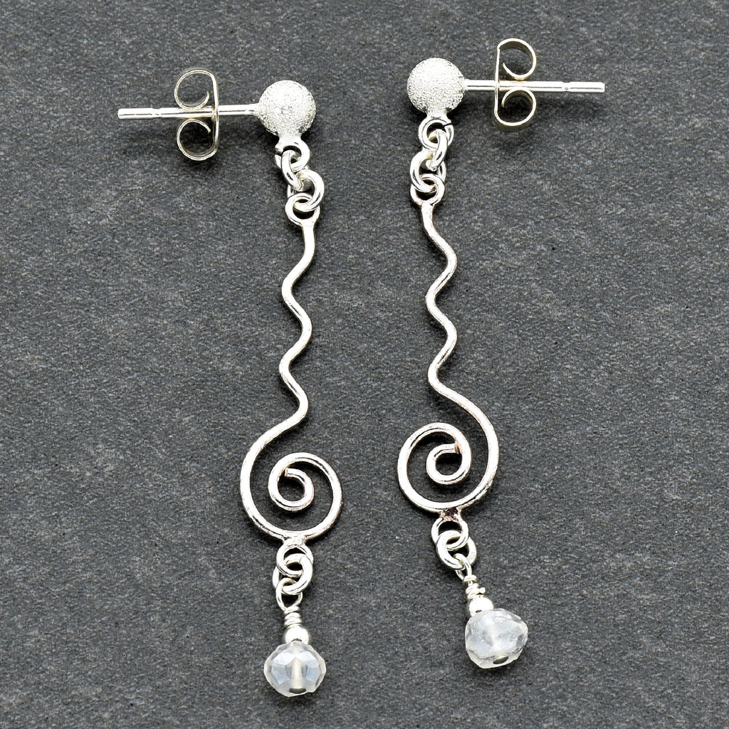 Moonstruck Handmade Dangle Earrings, Modern Sterling Silver links, Rainbow Moonstone