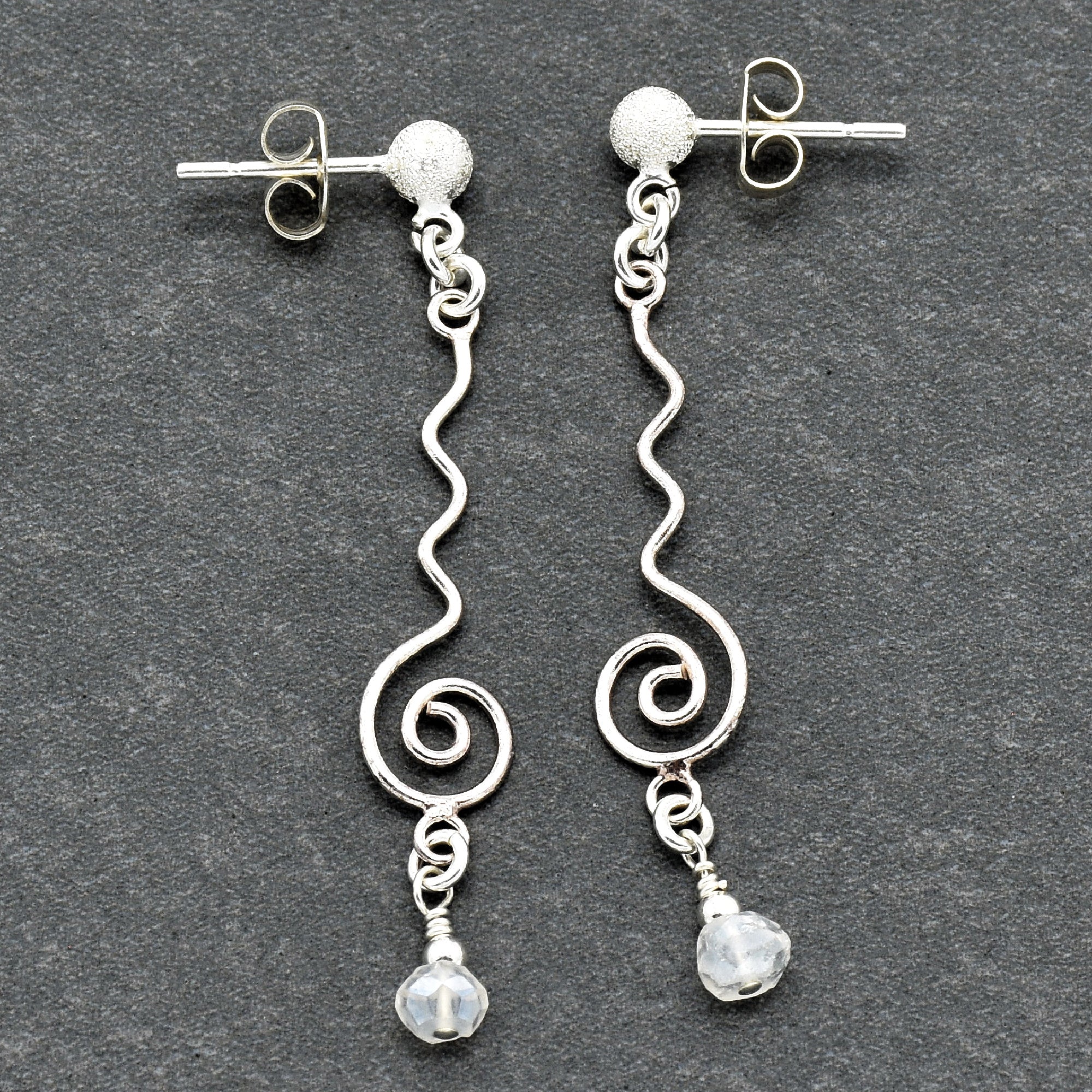 Moonstruck Handmade Dangle Earrings, Modern Sterling Silver links, Rainbow Moonstone