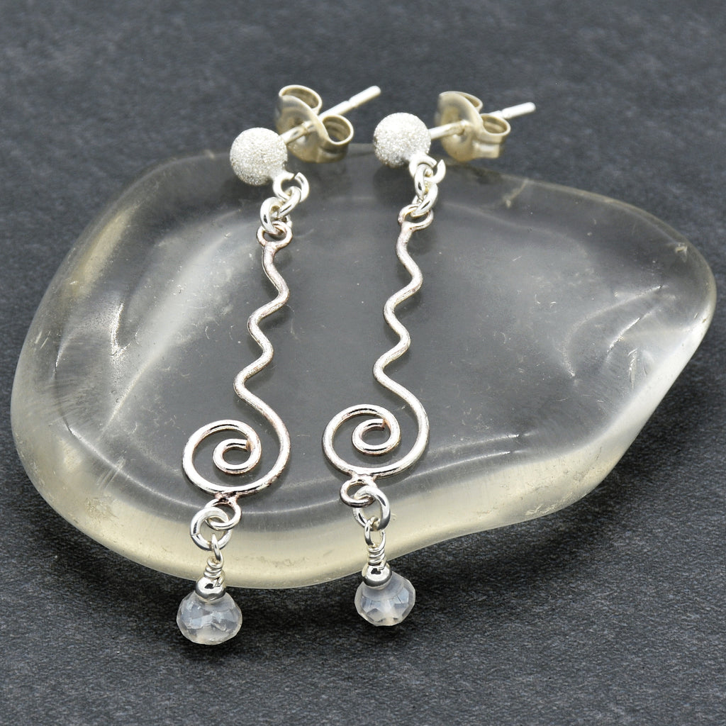 Moonstruck Handmade Dangle Earrings, Modern Sterling Silver links, Rainbow Moonstone