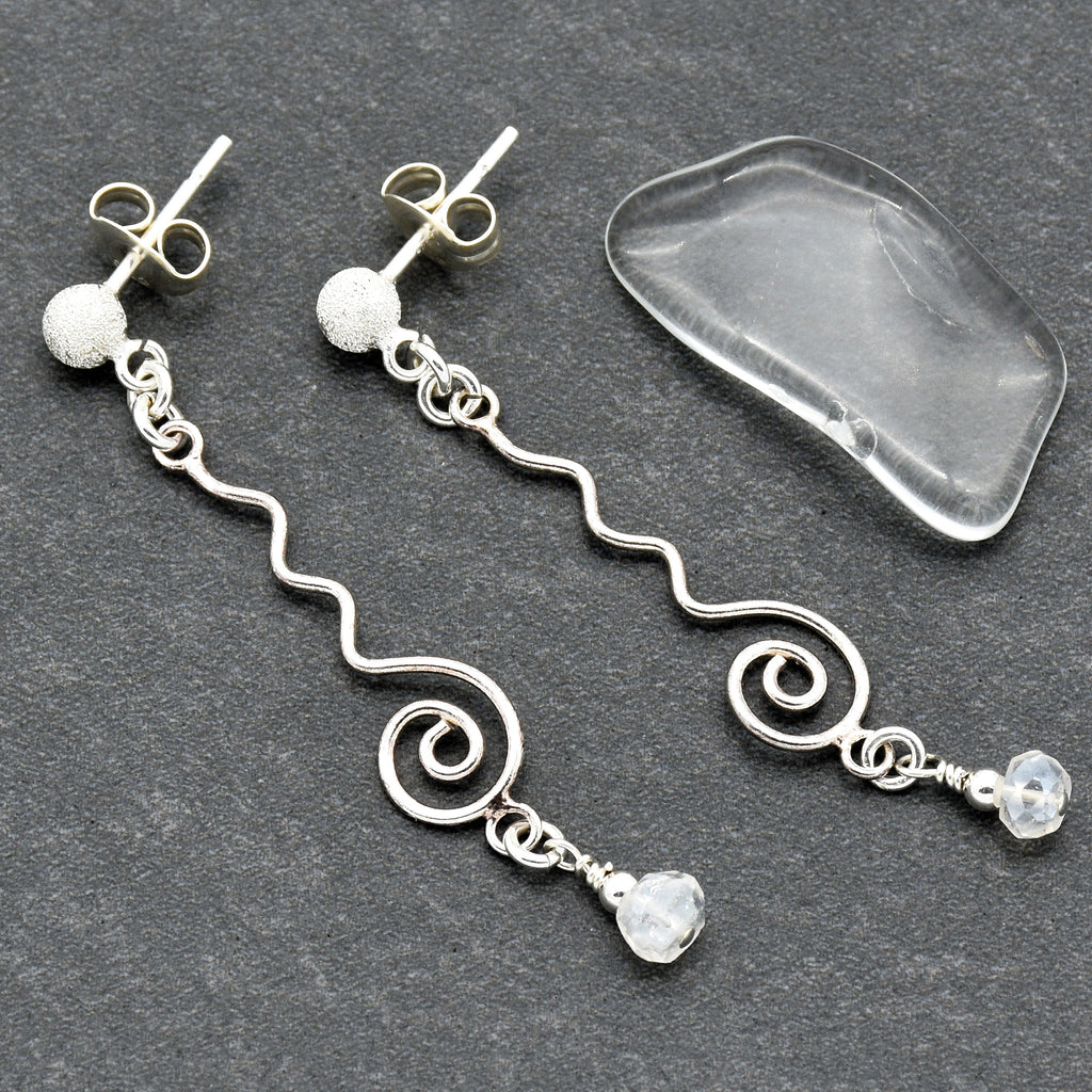 Moonstruck Handmade Dangle Earrings, Modern Sterling Silver links, Rainbow Moonstone
