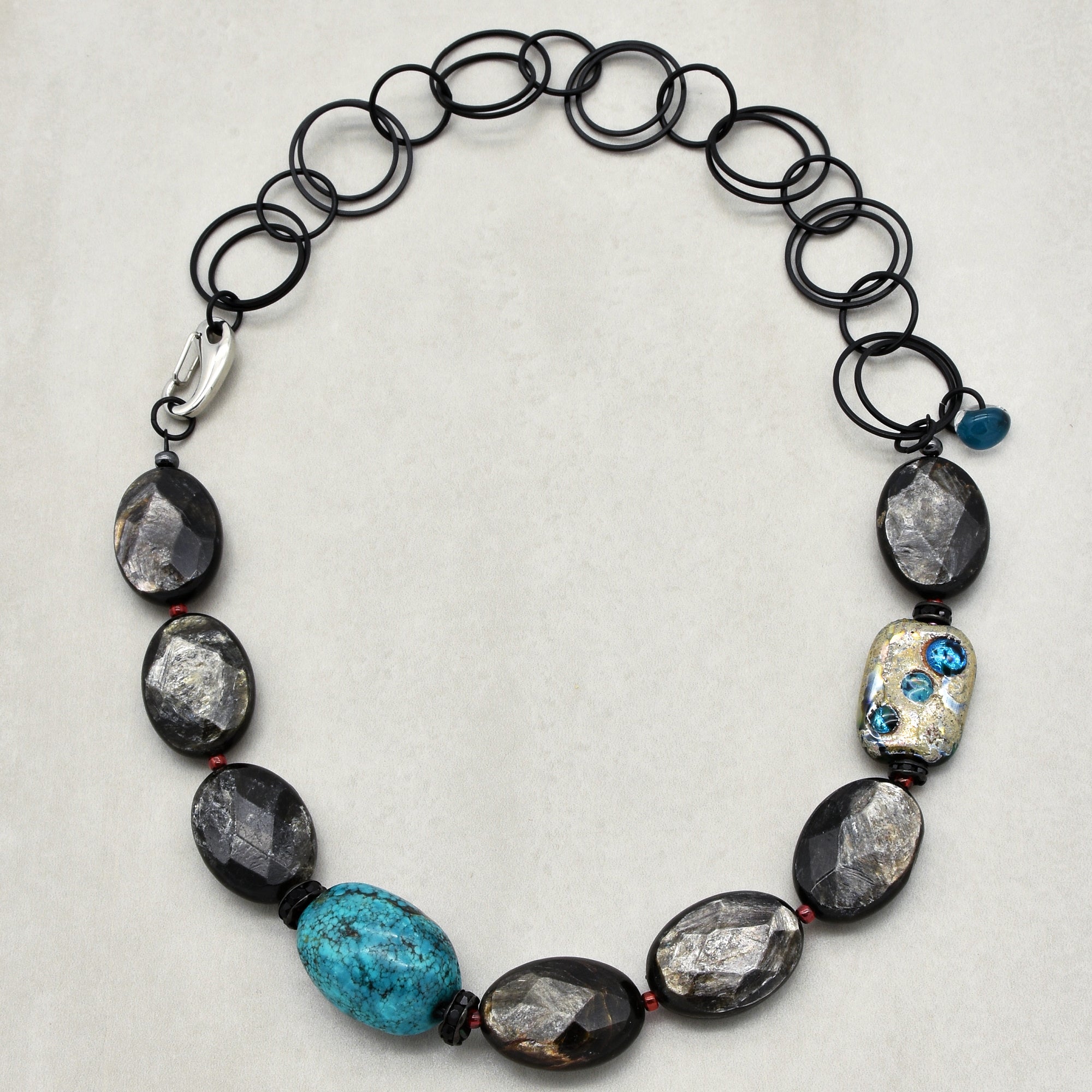 Night Sky Handmade Beaded Statement Necklace with Turquoise, Artisan Lampwork Glass and Mica