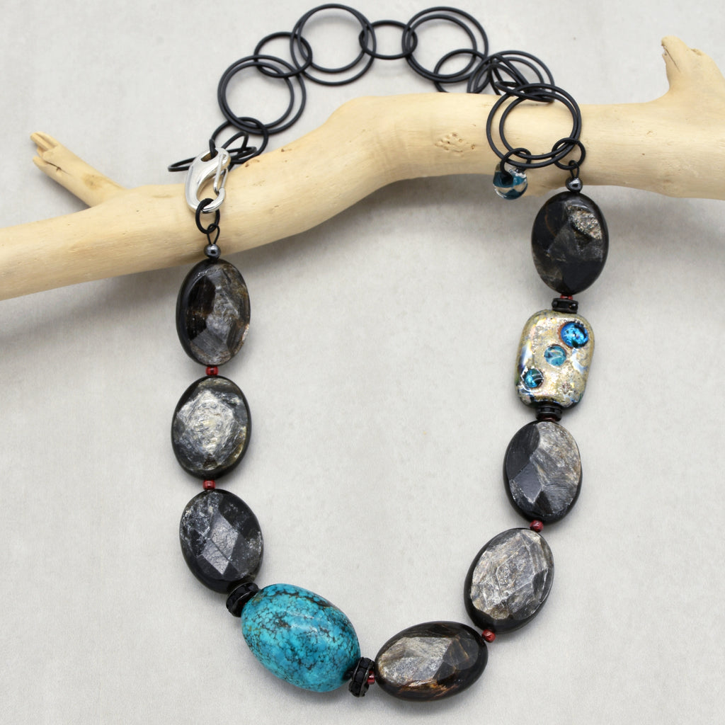 Night Sky Handmade Beaded Statement Necklace with Turquoise, Artisan Lampwork Glass and Mica
