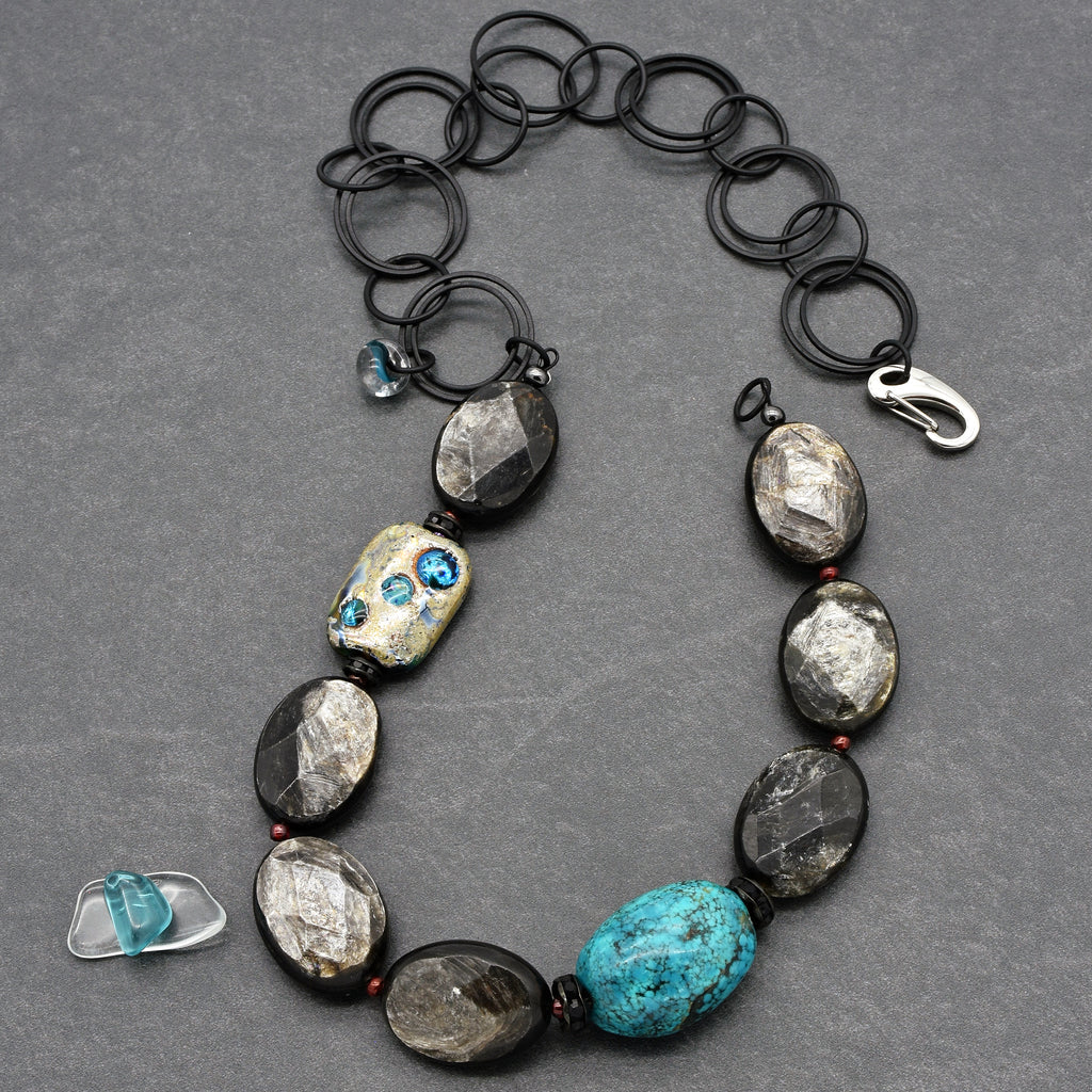 Night Sky Handmade Beaded Statement Necklace with Turquoise, Artisan Lampwork Glass and Mica