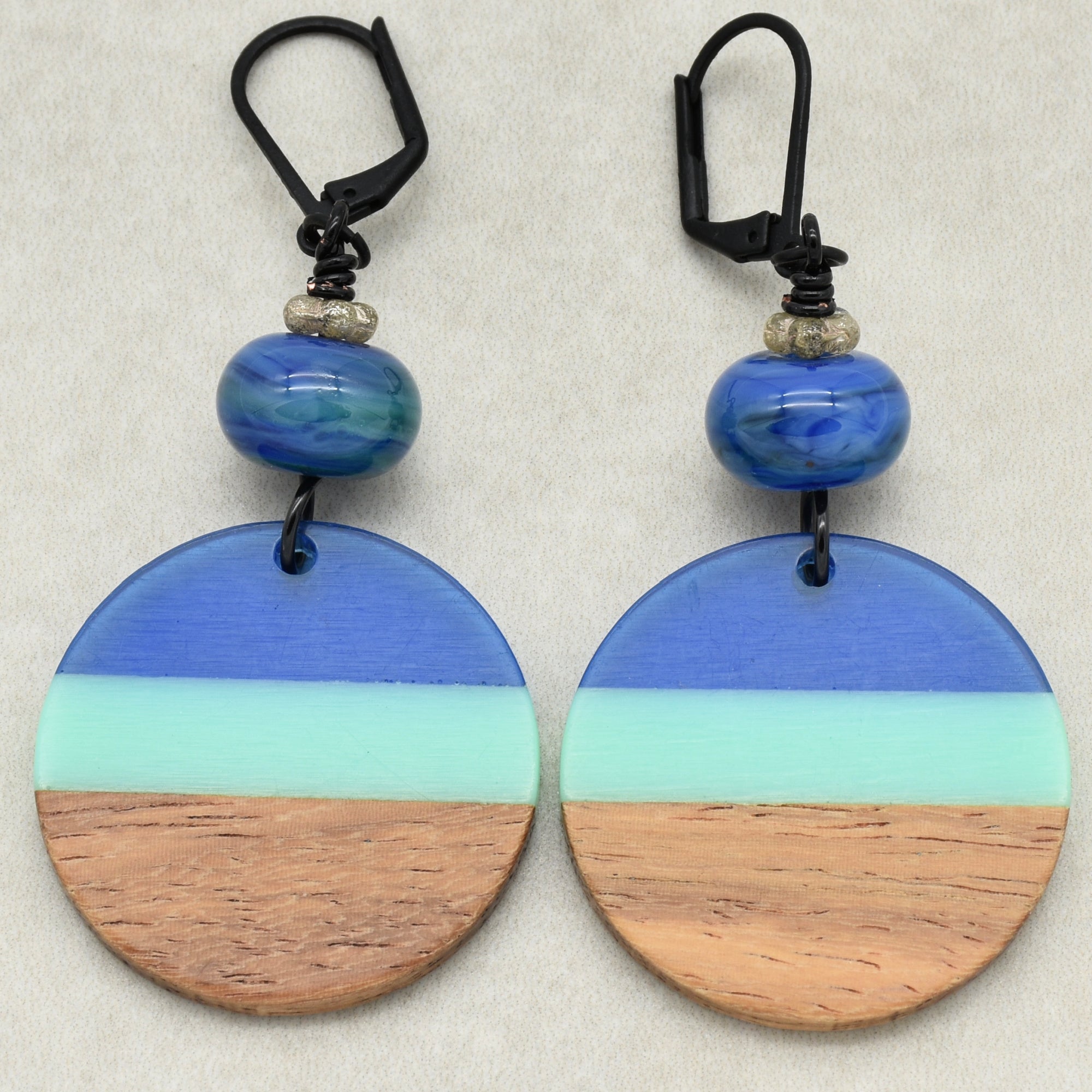Ocean Blue Dangle Handmade Earrings, Artisan Lampwork Glass, Wood Resin Charms.