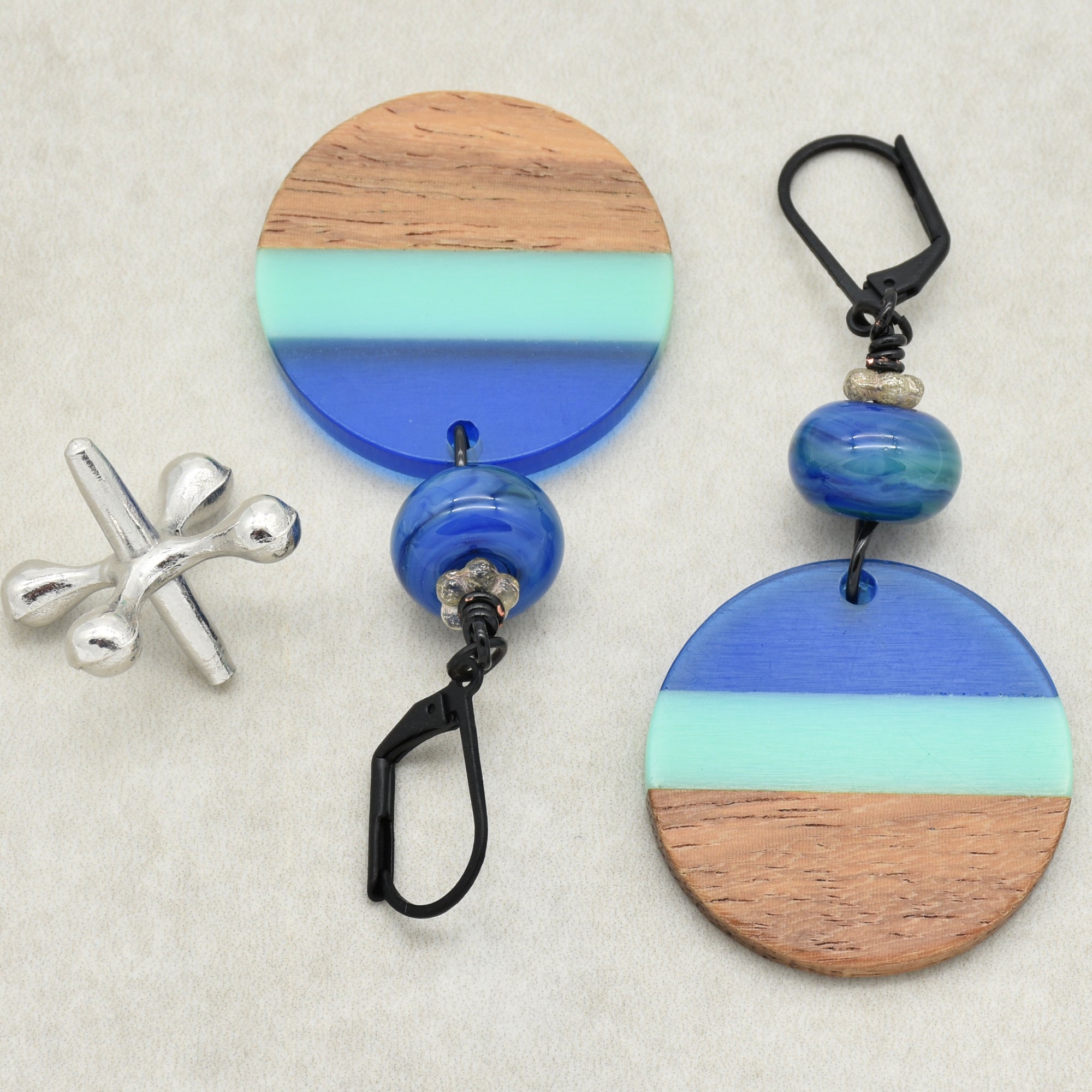 Ocean Blue Dangle Handmade Earrings, Artisan Lampwork Glass, Wood Resin Charms.