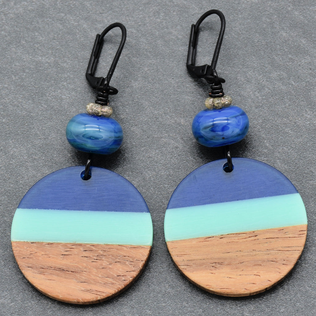 Ocean Blue Dangle Handmade Earrings, Artisan Lampwork Glass, Wood Resin Charms.