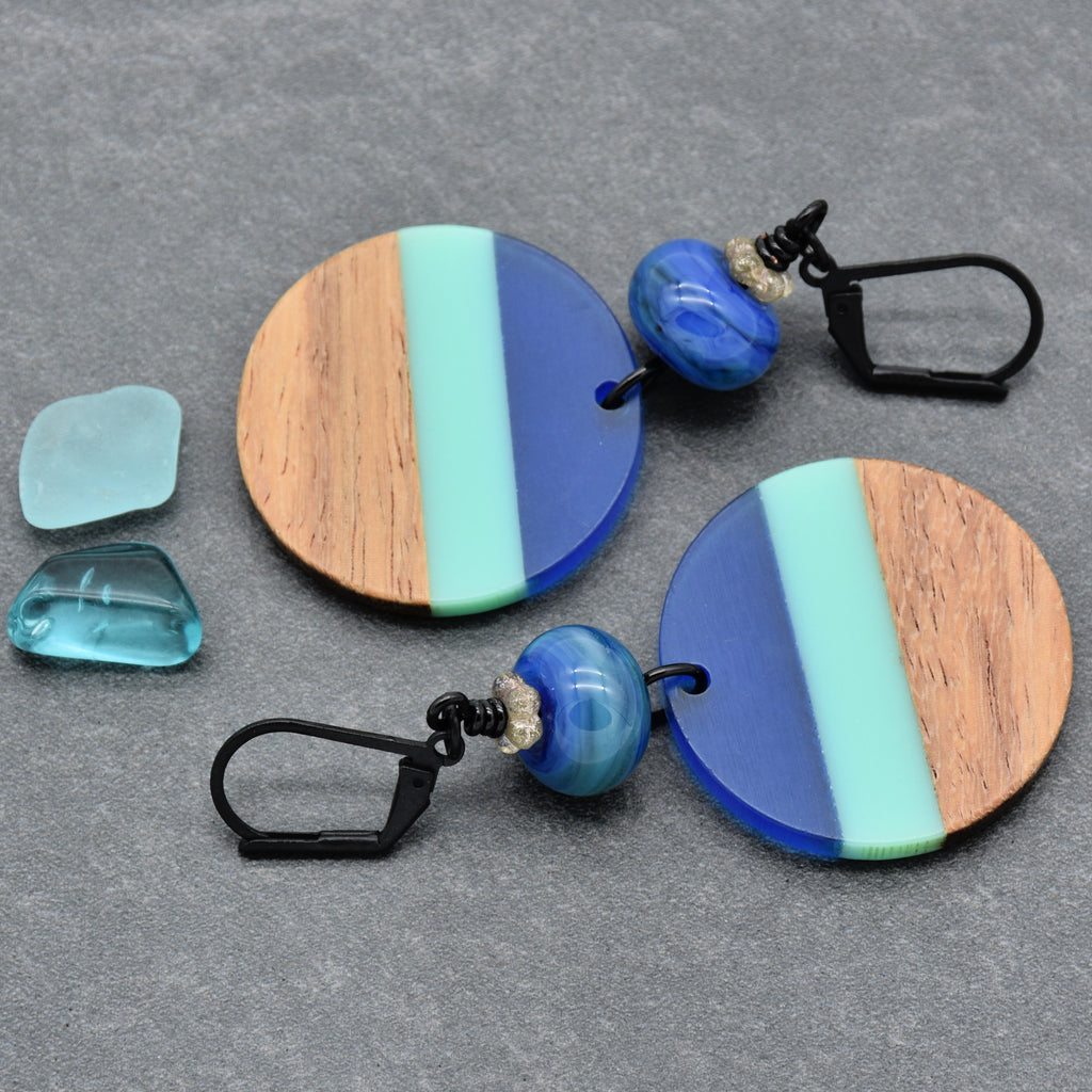 Ocean Blue Dangle Handmade Earrings, Artisan Lampwork Glass, Wood Resin Charms.