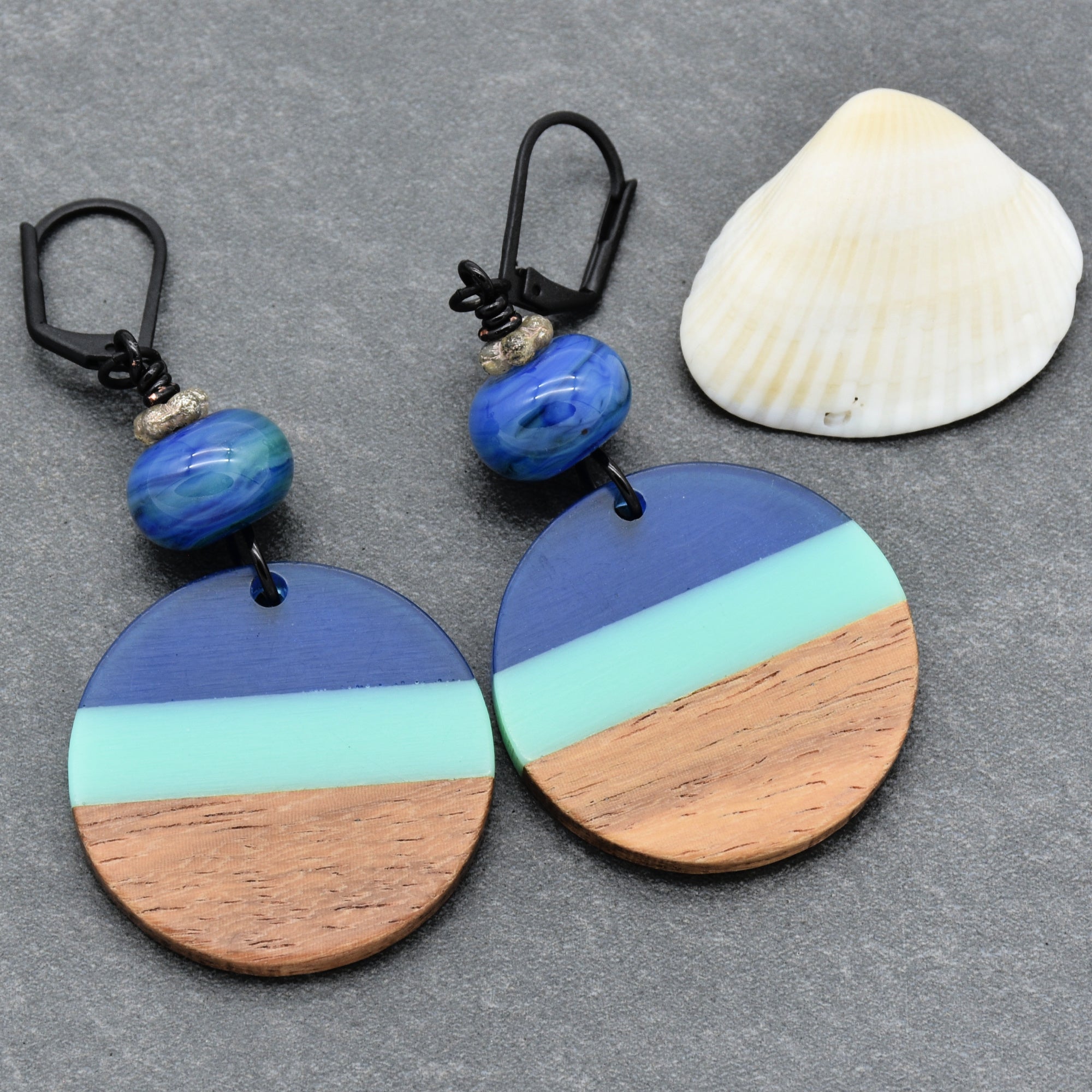 Ocean Blue Dangle Handmade Earrings, Artisan Lampwork Glass, Wood Resin Charms.