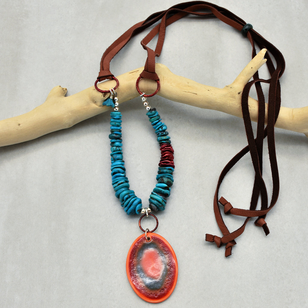 Orange Crush Sunrise Handmade Beaded Necklace with Artisan Ceramic Focal, Authentic Turquoise, Heishi Pearls, Sterling Silver, Leather Lace