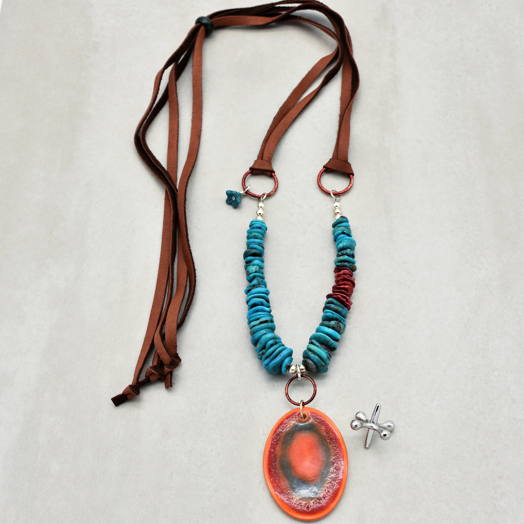 Orange Crush Sunrise Handmade Beaded Necklace with Artisan Ceramic Focal, Authentic Turquoise, Heishi Pearls, Sterling Silver, Leather Lace