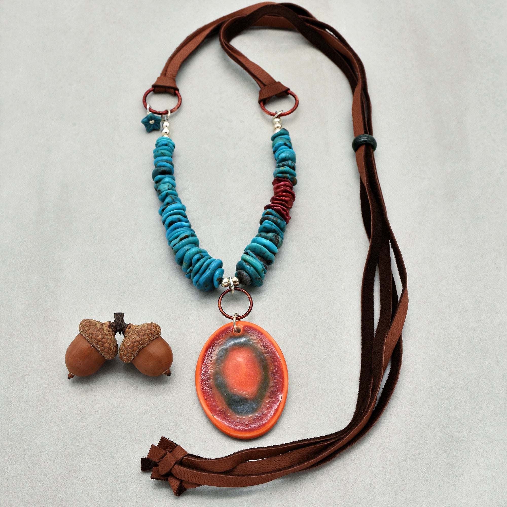 Orange Crush Sunrise Handmade Beaded Necklace with Artisan Ceramic Focal, Authentic Turquoise, Heishi Pearls, Sterling Silver, Leather Lace