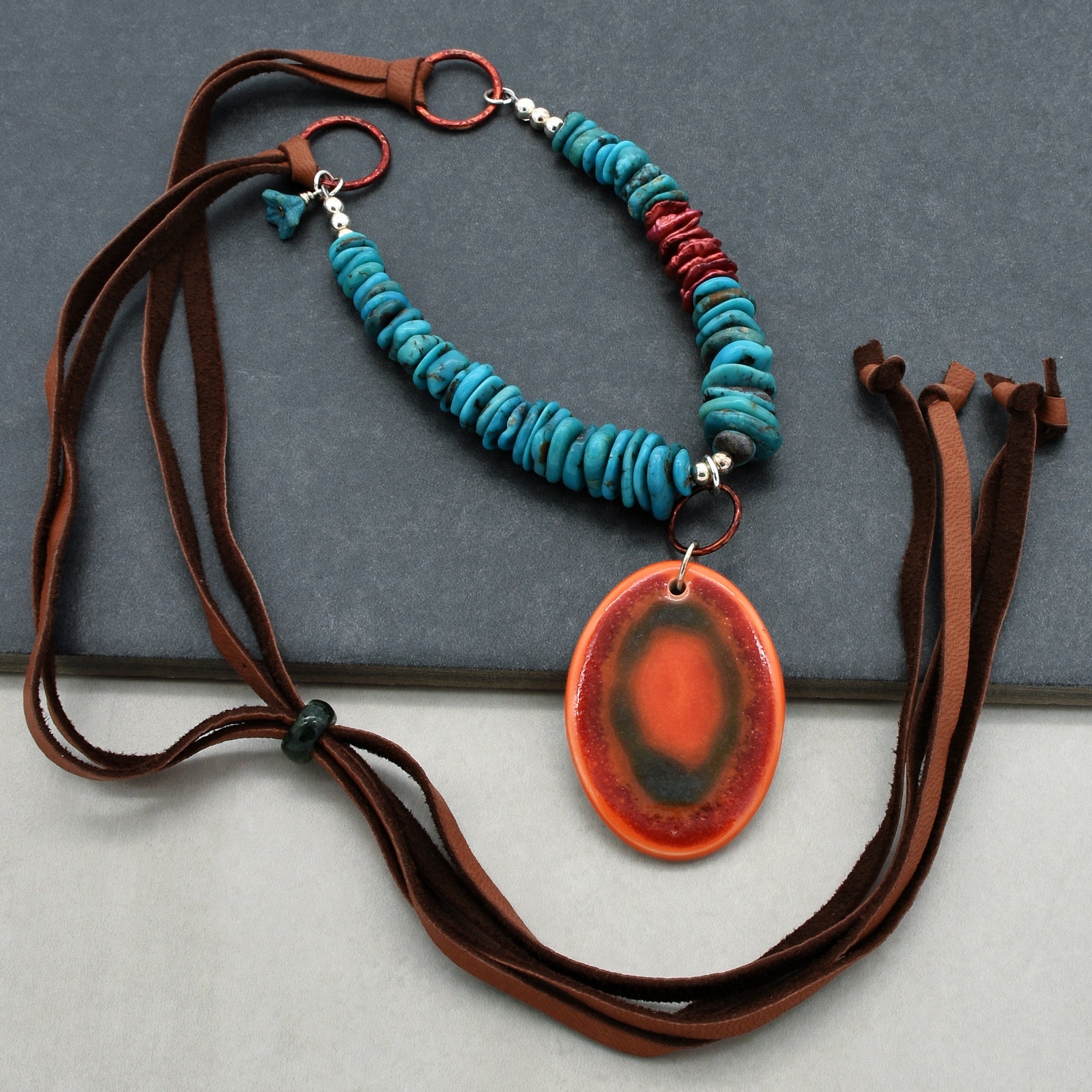 Orange Crush Sunrise Handmade Beaded Necklace with Artisan Ceramic Focal, Authentic Turquoise, Heishi Pearls, Sterling Silver, Leather Lace