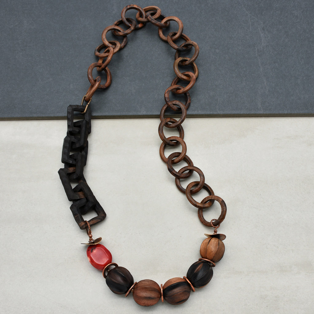 Oya Handmade Beaded Statement Necklace with Coral, Natural Wood, and Chunky Wood Chains
