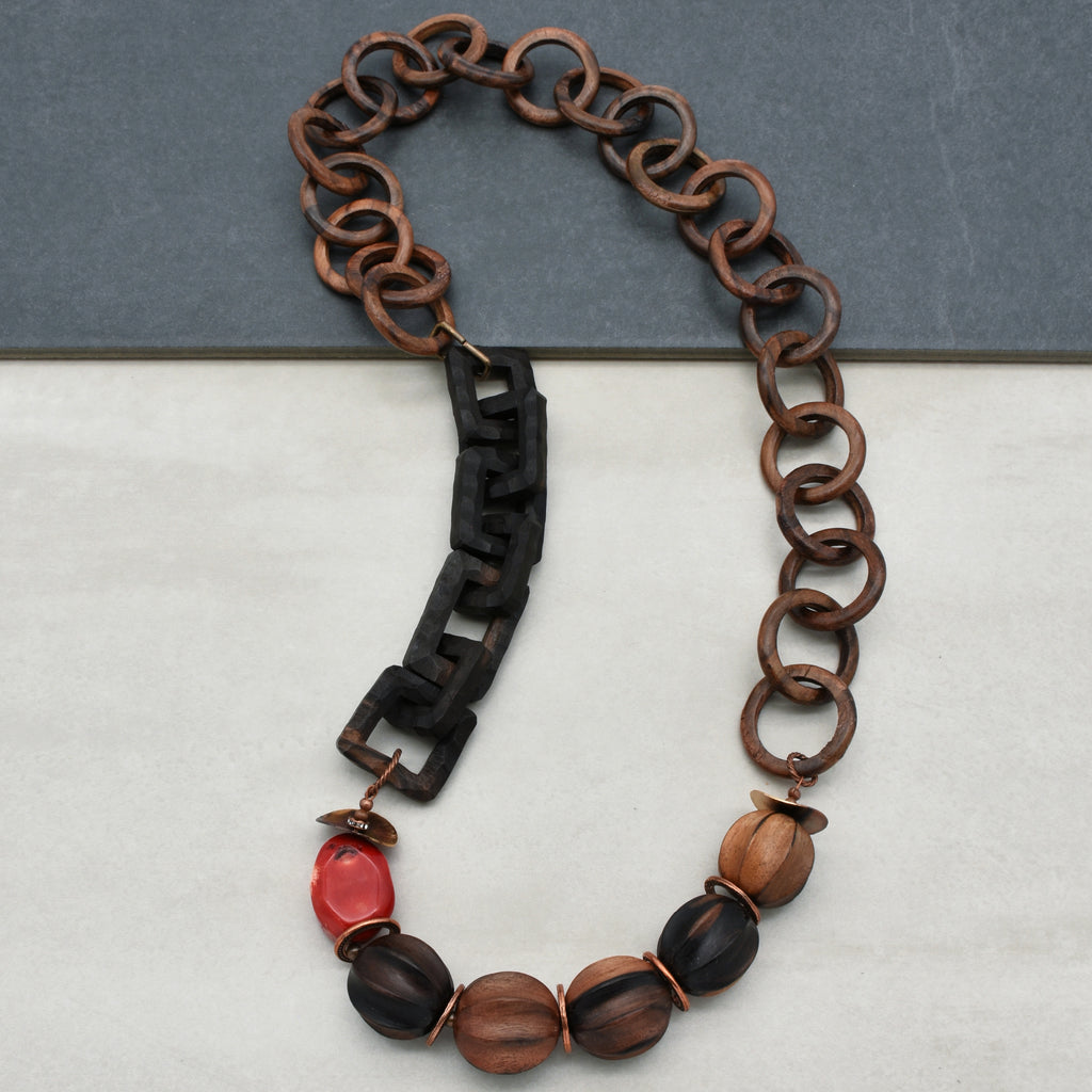Oya Handmade Beaded Statement Necklace with Coral, Natural Wood, and Chunky Wood Chains