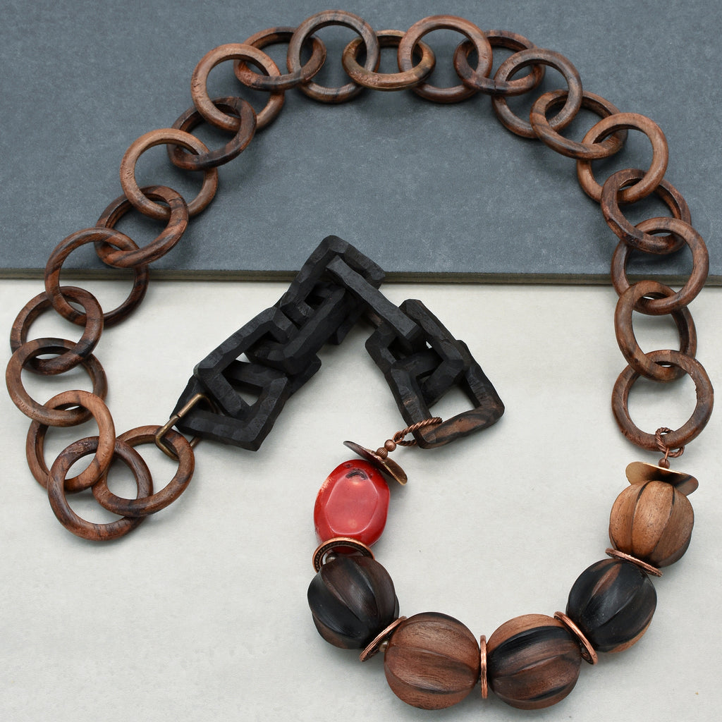 Oya Handmade Beaded Statement Necklace with Coral, Natural Wood, and Chunky Wood Chains