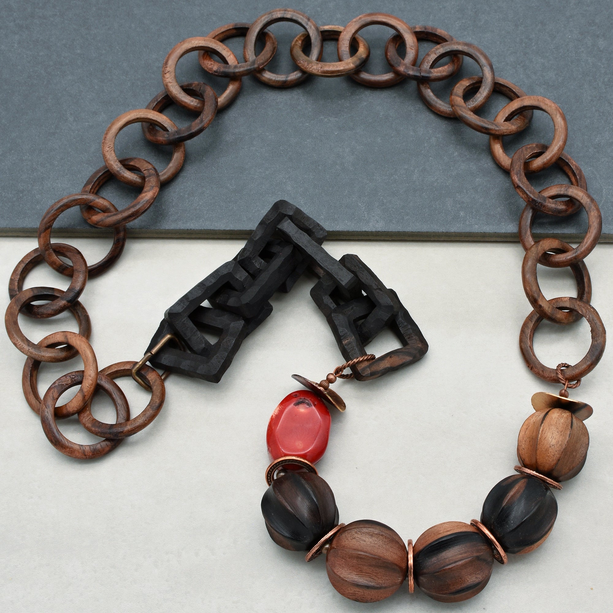 Oya Handmade Beaded Statement Necklace with Coral, Natural Wood, and Chunky Wood Chains
