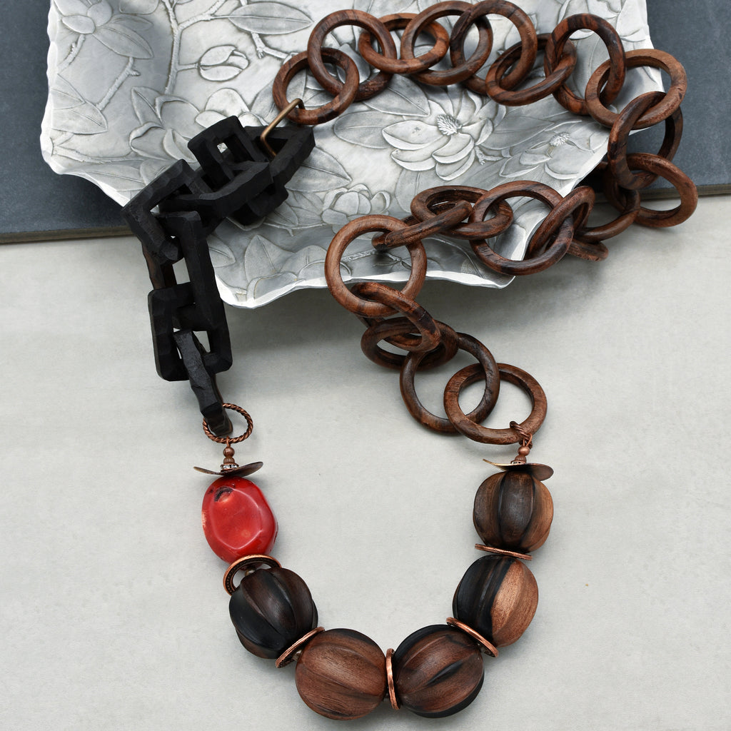 Oya Handmade Beaded Statement Necklace with Coral, Natural Wood, and Chunky Wood Chains