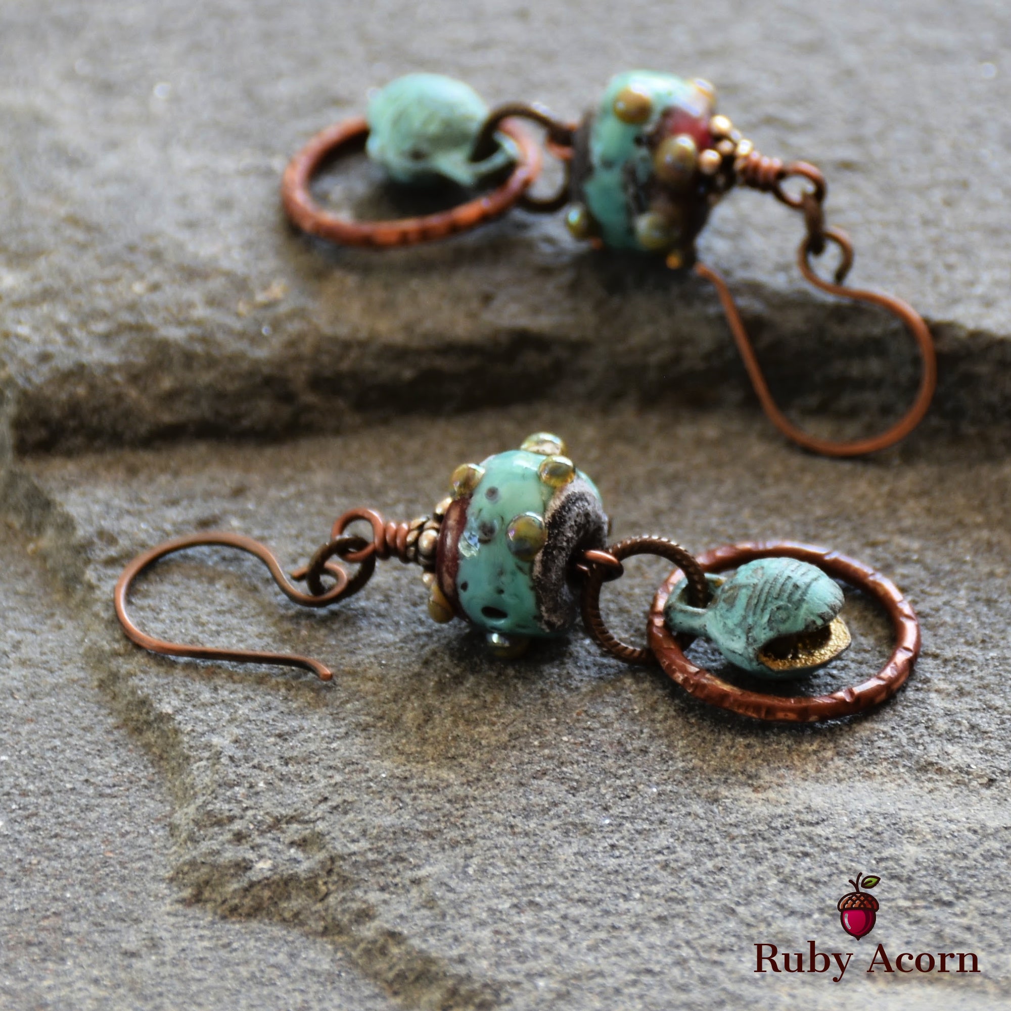 Patina Handmade Dangle Earrings, Gorgeous Artisan Lampwork Turquoise Glass, Belly Dancer Bells
