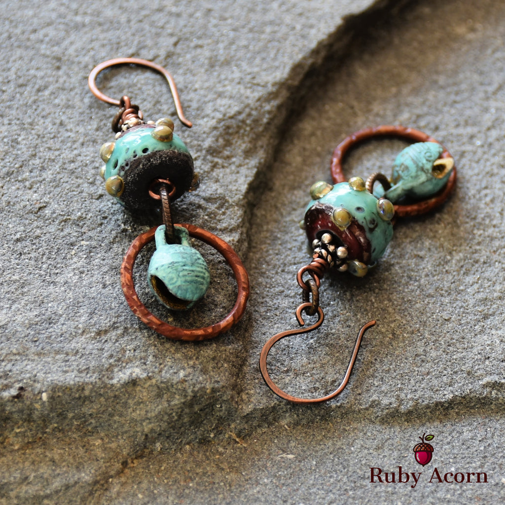 Patina Handmade Dangle Earrings, Gorgeous Artisan Lampwork Turquoise Glass, Belly Dancer Bells