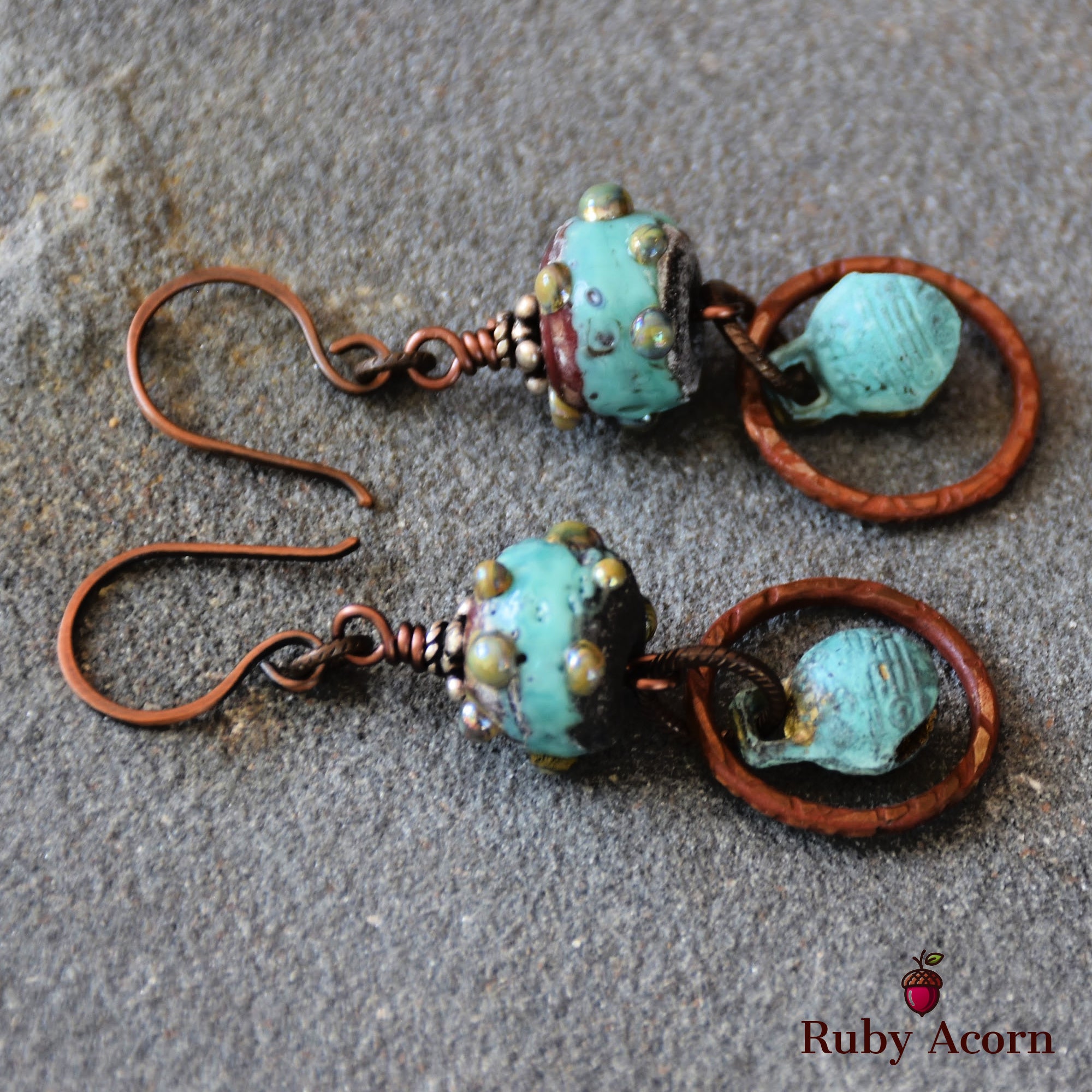 Patina Handmade Dangle Earrings, Gorgeous Artisan Lampwork Turquoise Glass, Belly Dancer Bells