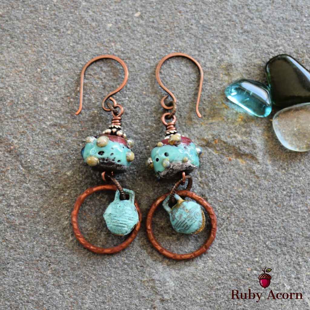 Patina Handmade Dangle Earrings, Gorgeous Artisan Lampwork Turquoise Glass, Belly Dancer Bells