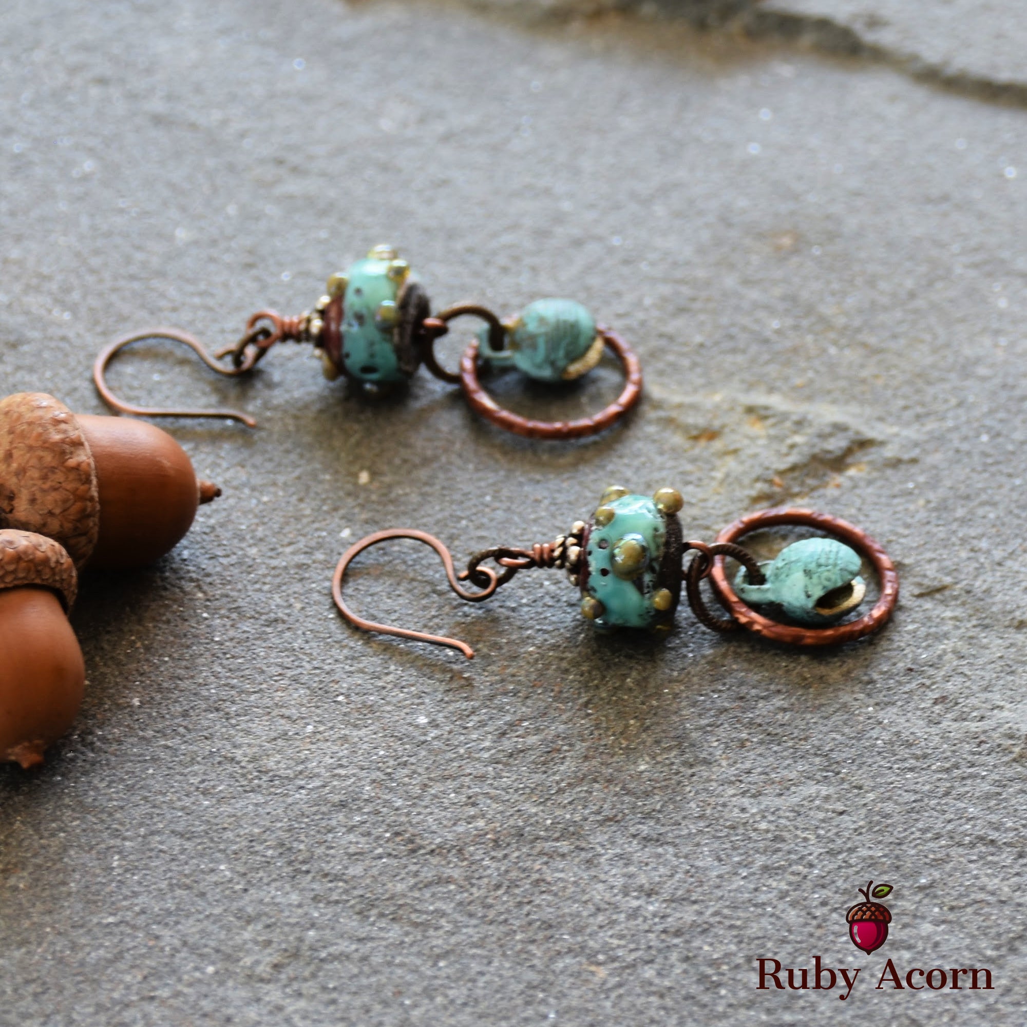 Patina Handmade Dangle Earrings, Gorgeous Artisan Lampwork Turquoise Glass, Belly Dancer Bells