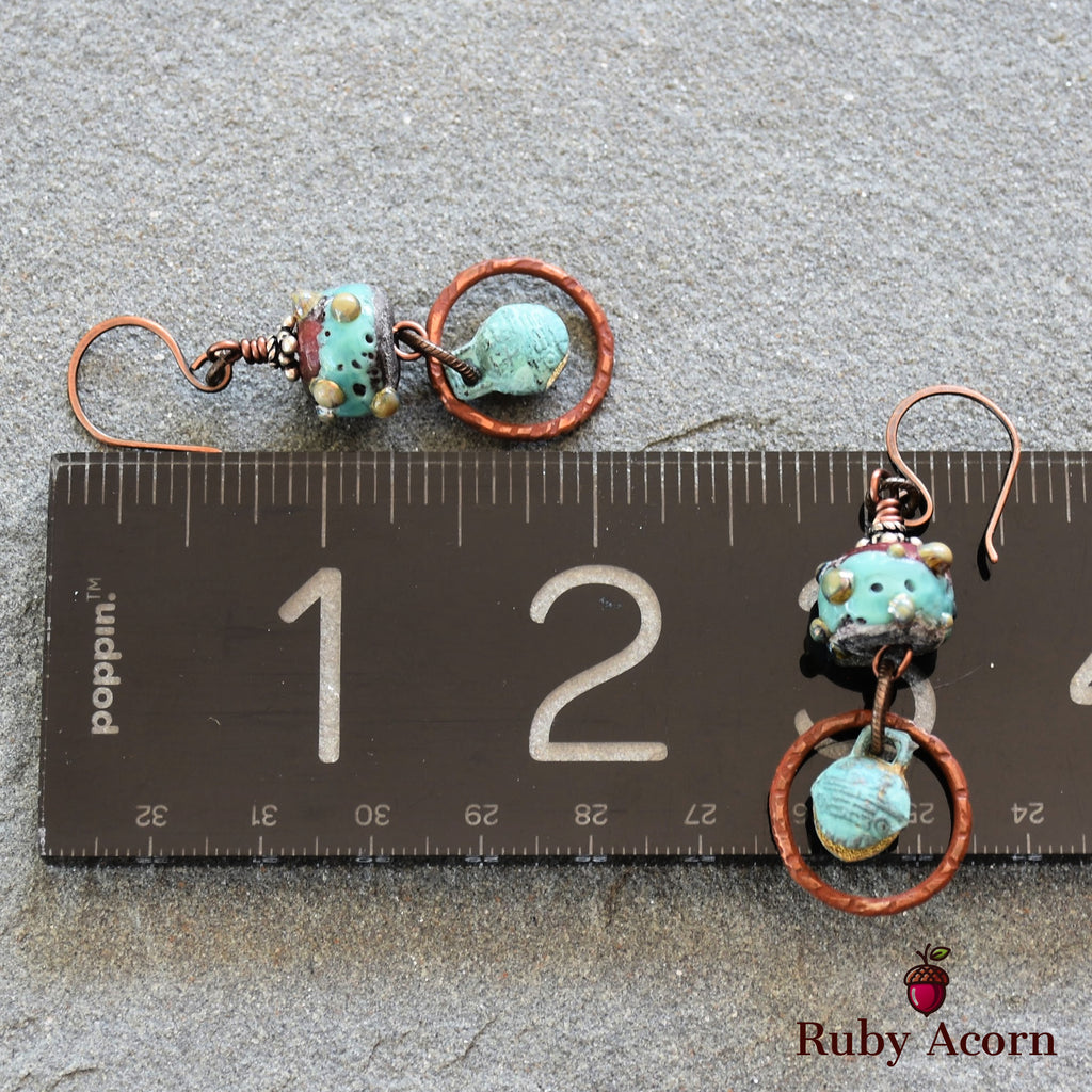 Patina Handmade Dangle Earrings, Gorgeous Artisan Lampwork Turquoise Glass, Belly Dancer Bells