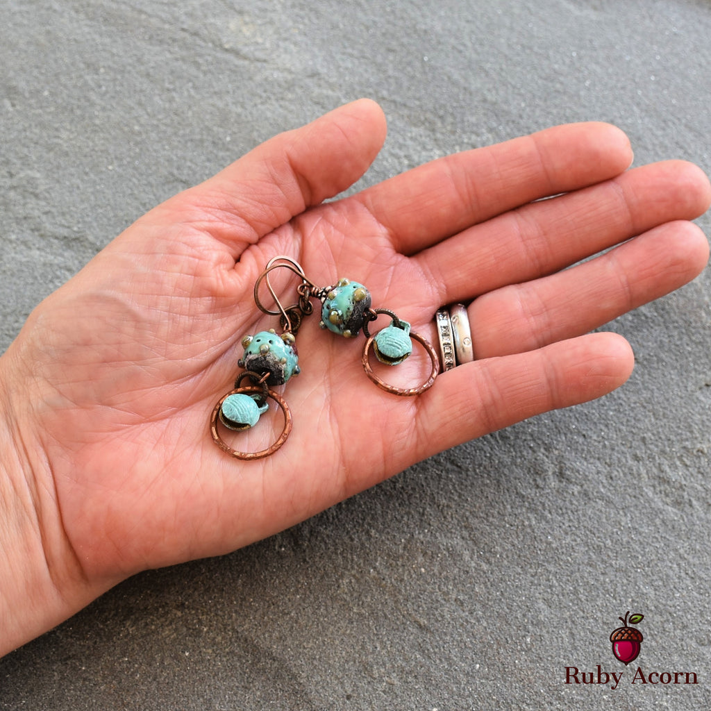 Patina Handmade Dangle Earrings, Gorgeous Artisan Lampwork Turquoise Glass, Belly Dancer Bells