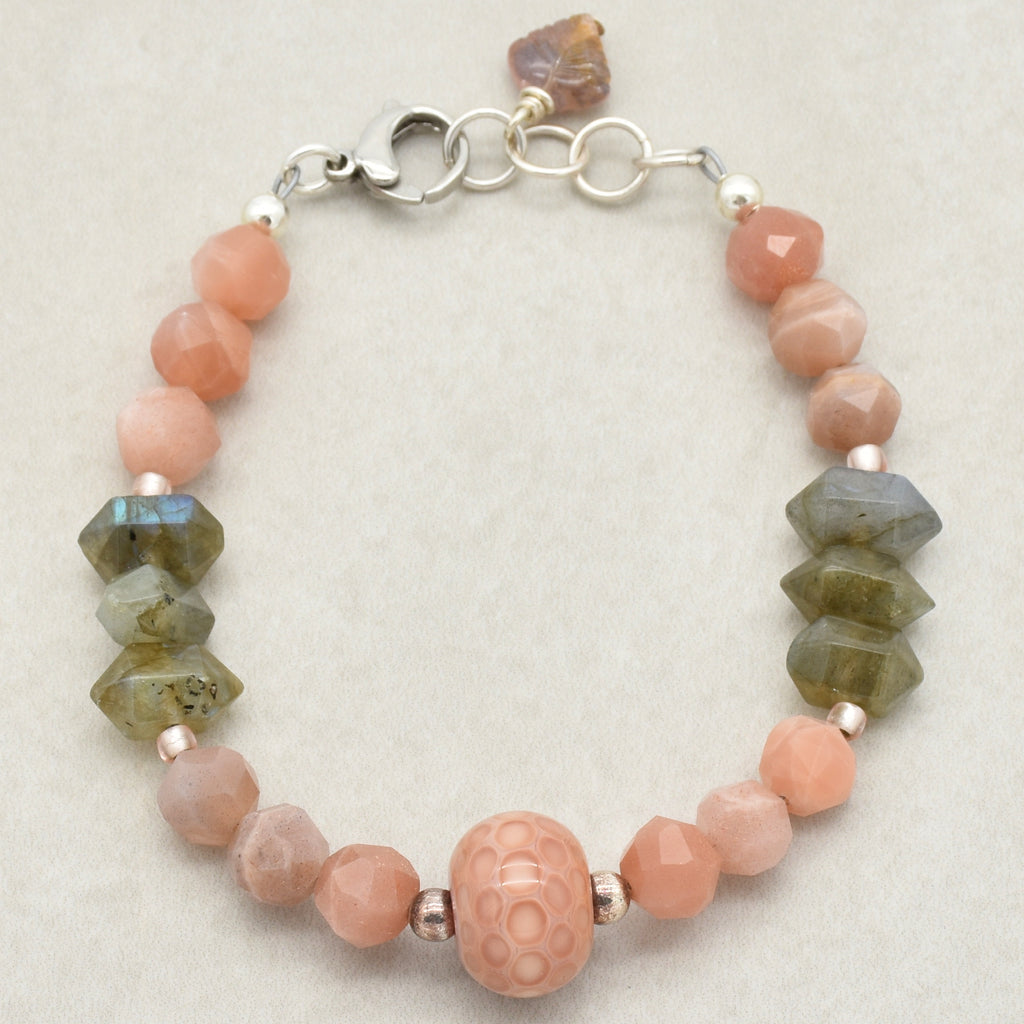 Peaches Handmade Beaded Bracelet with Artisan Lampwork Glass, Peach Moonstone, Labradorite, Sterling Silver