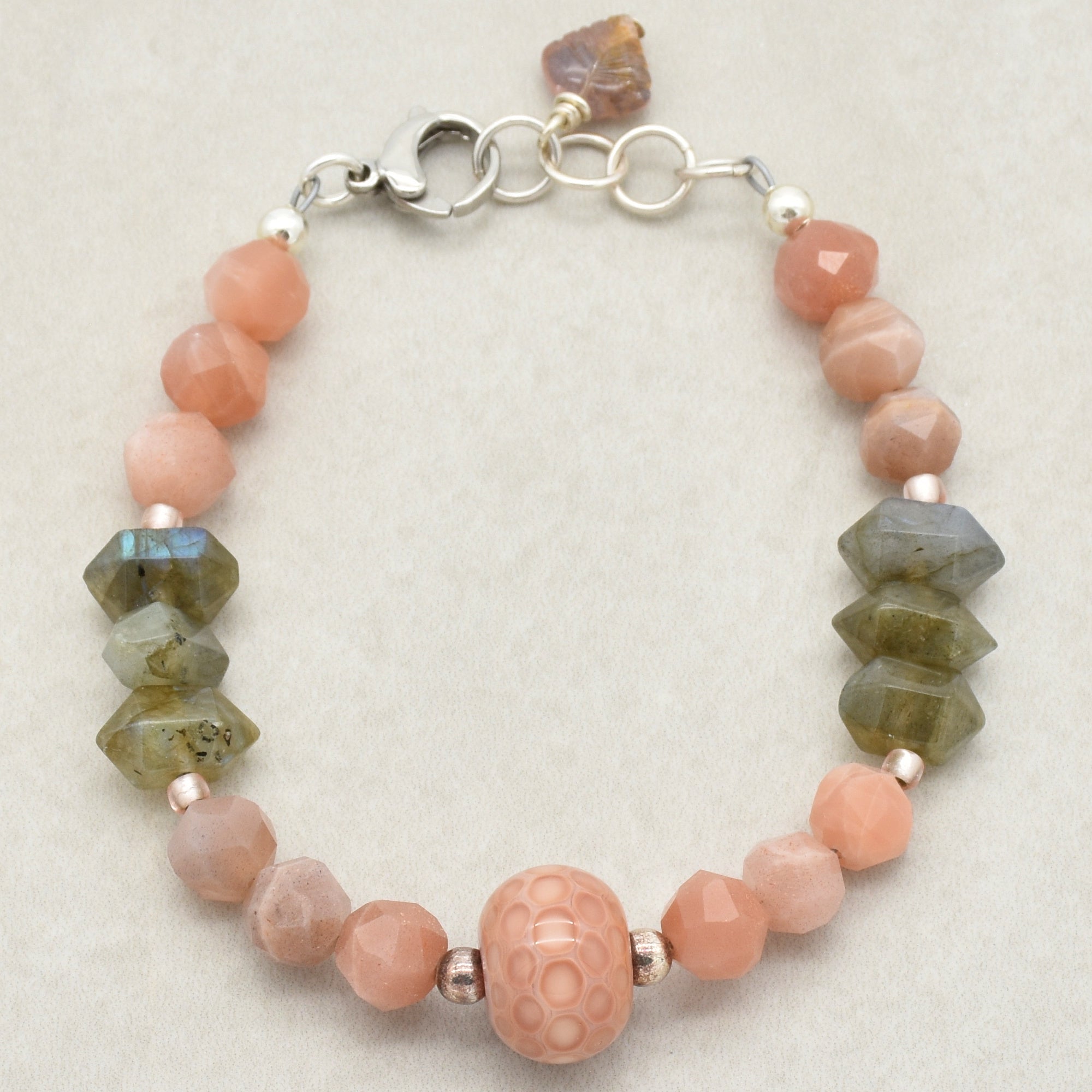Peaches Handmade Beaded Bracelet with Artisan Lampwork Glass, Peach Moonstone, Labradorite, Sterling Silver