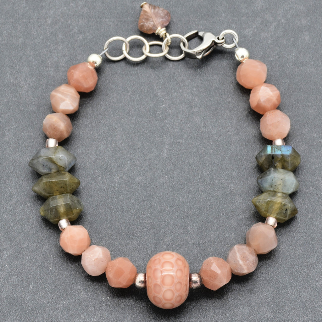 Peaches Handmade Beaded Bracelet with Artisan Lampwork Glass, Peach Moonstone, Labradorite, Sterling Silver