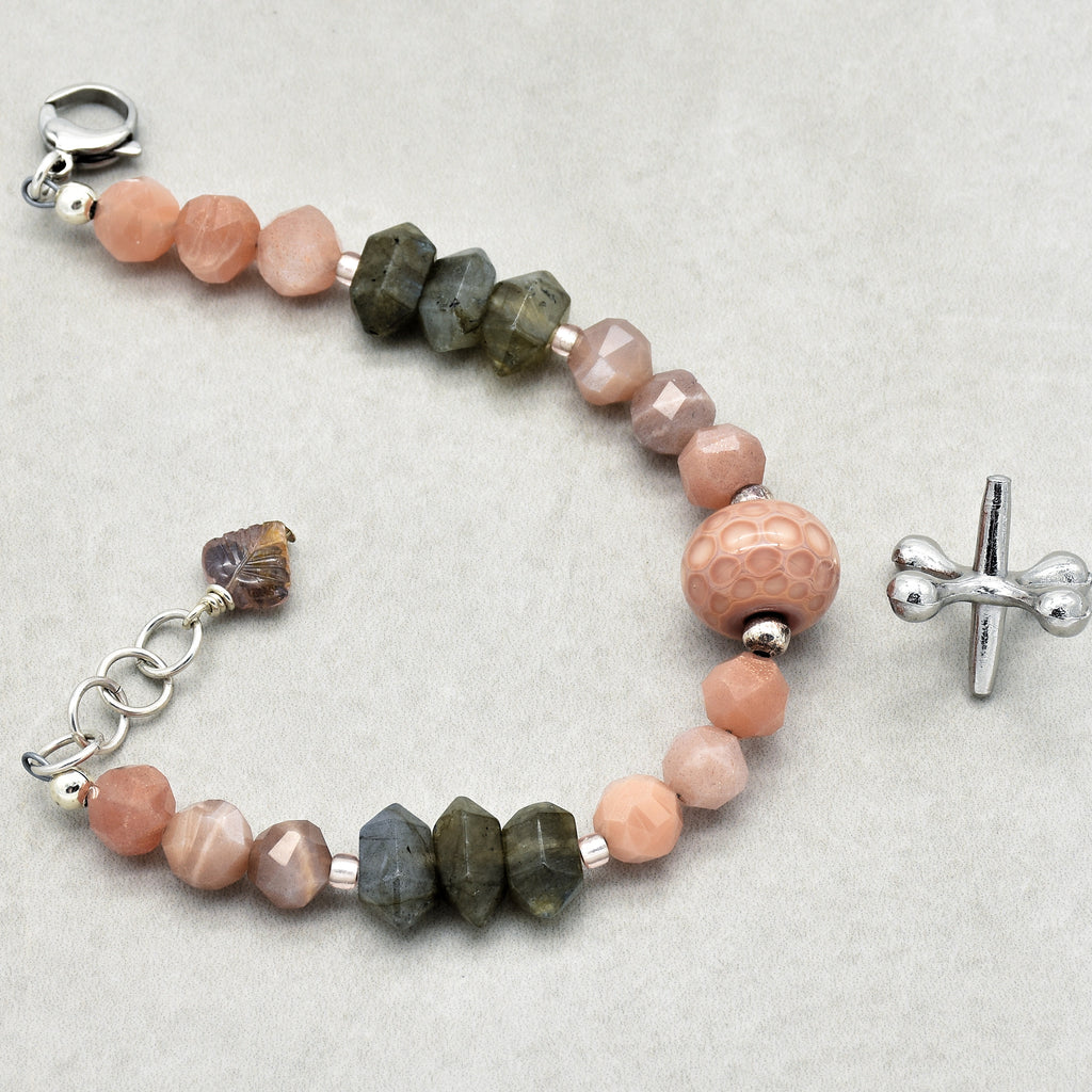 Peaches Handmade Beaded Bracelet with Artisan Lampwork Glass, Peach Moonstone, Labradorite, Sterling Silver