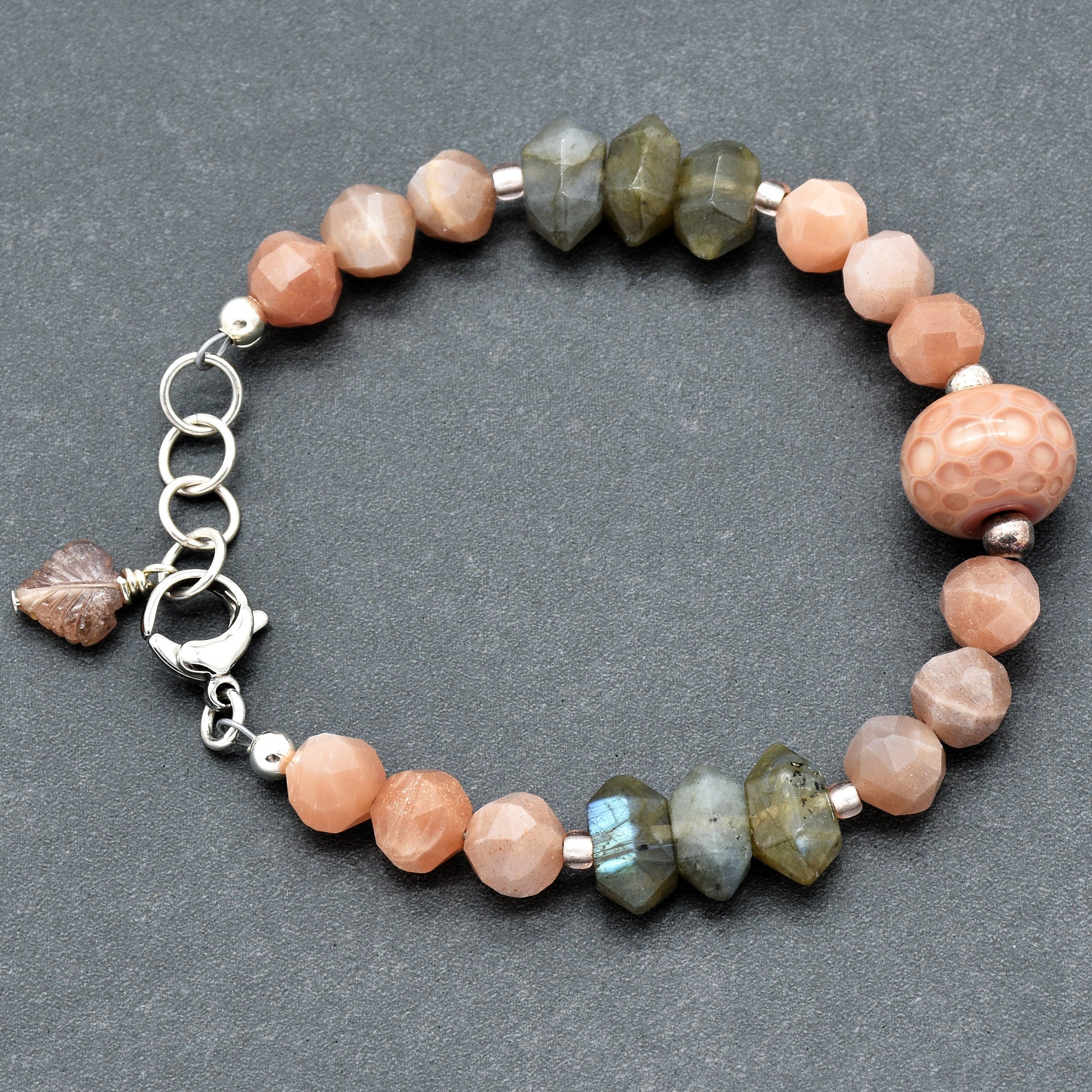 Peaches Handmade Beaded Bracelet with Artisan Lampwork Glass, Peach Moonstone, Labradorite, Sterling Silver