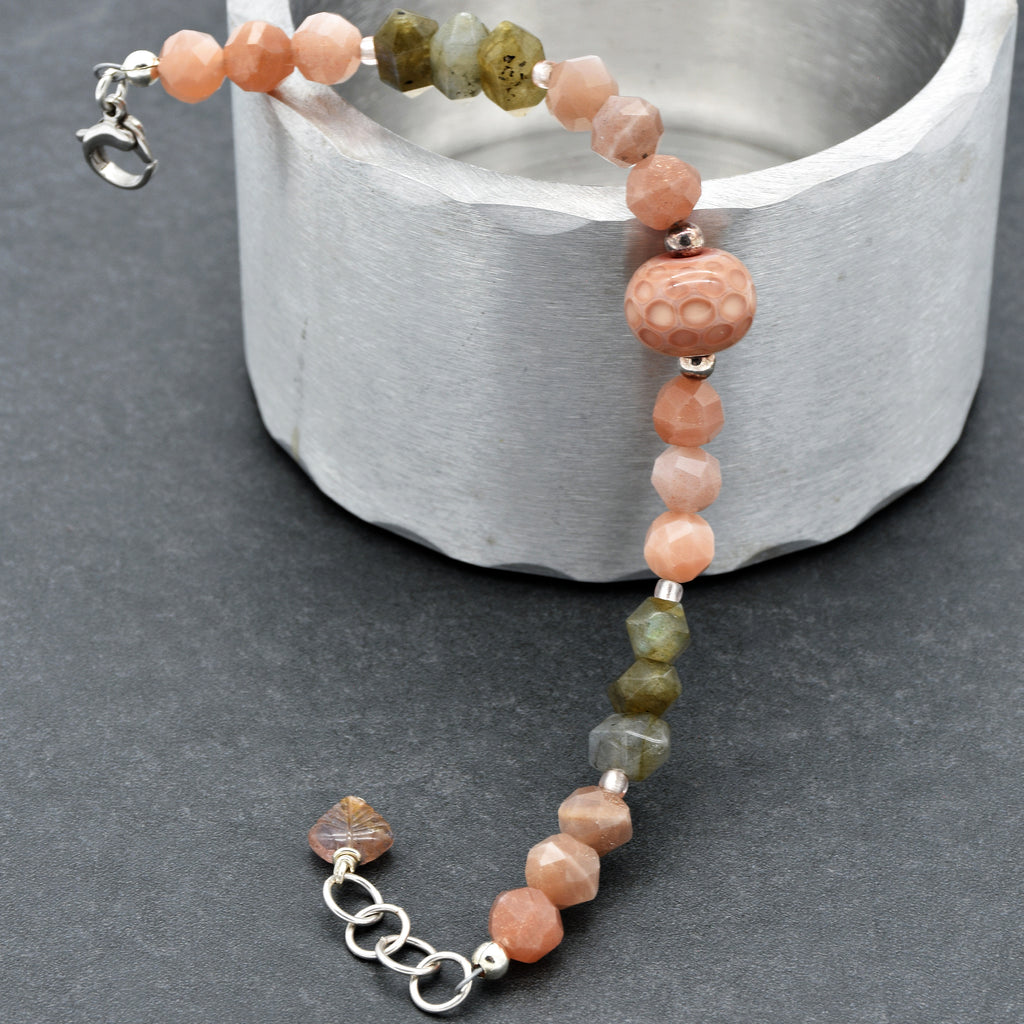 Peaches Handmade Beaded Bracelet with Artisan Lampwork Glass, Peach Moonstone, Labradorite, Sterling Silver