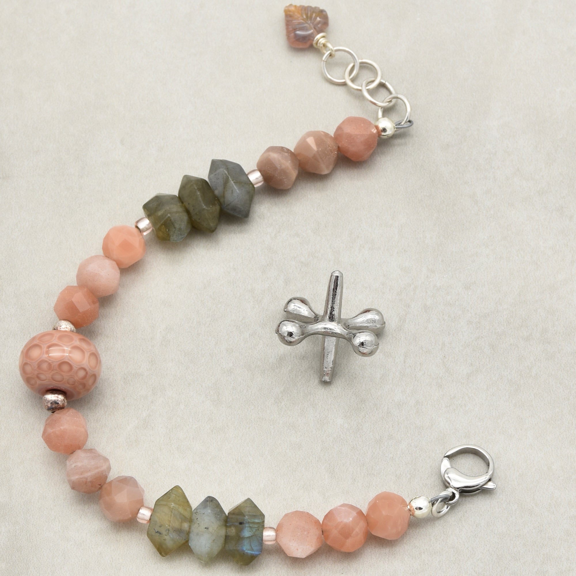 Peaches Handmade Beaded Bracelet with Artisan Lampwork Glass, Peach Moonstone, Labradorite, Sterling Silver