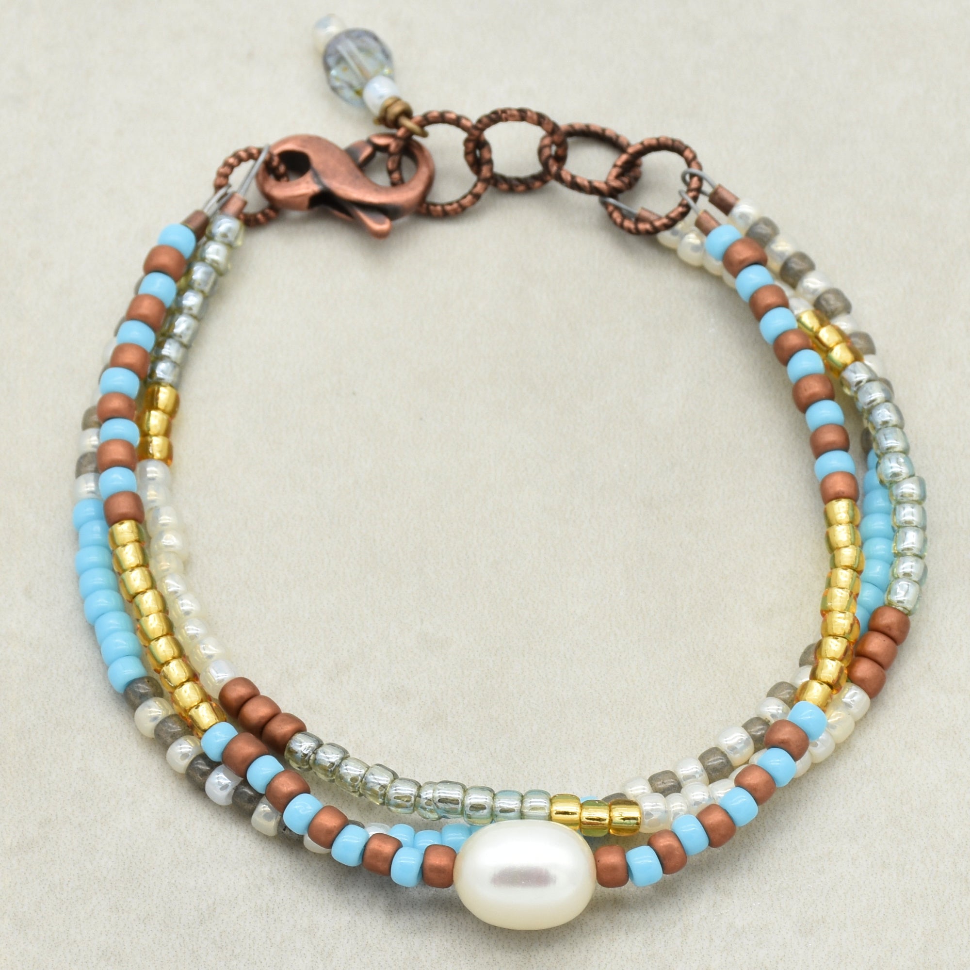 Perla Handmade Beaded Bracelet with Fresh Water Pearl, Toho Glass Seed Beads, Czech Glass, Antique Copper Finish Findings
