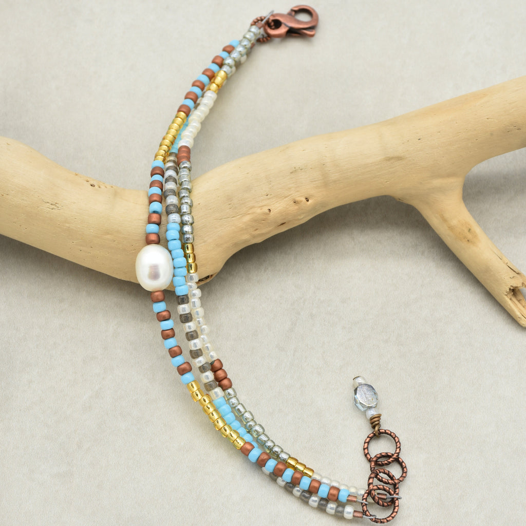 Perla Handmade Beaded Bracelet with Fresh Water Pearl, Toho Glass Seed Beads, Czech Glass, Antique Copper Finish Findings