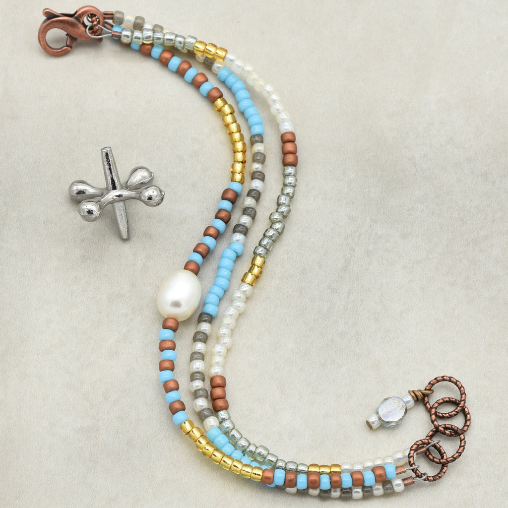 Perla Handmade Beaded Bracelet with Fresh Water Pearl, Toho Glass Seed Beads, Czech Glass, Antique Copper Finish Findings