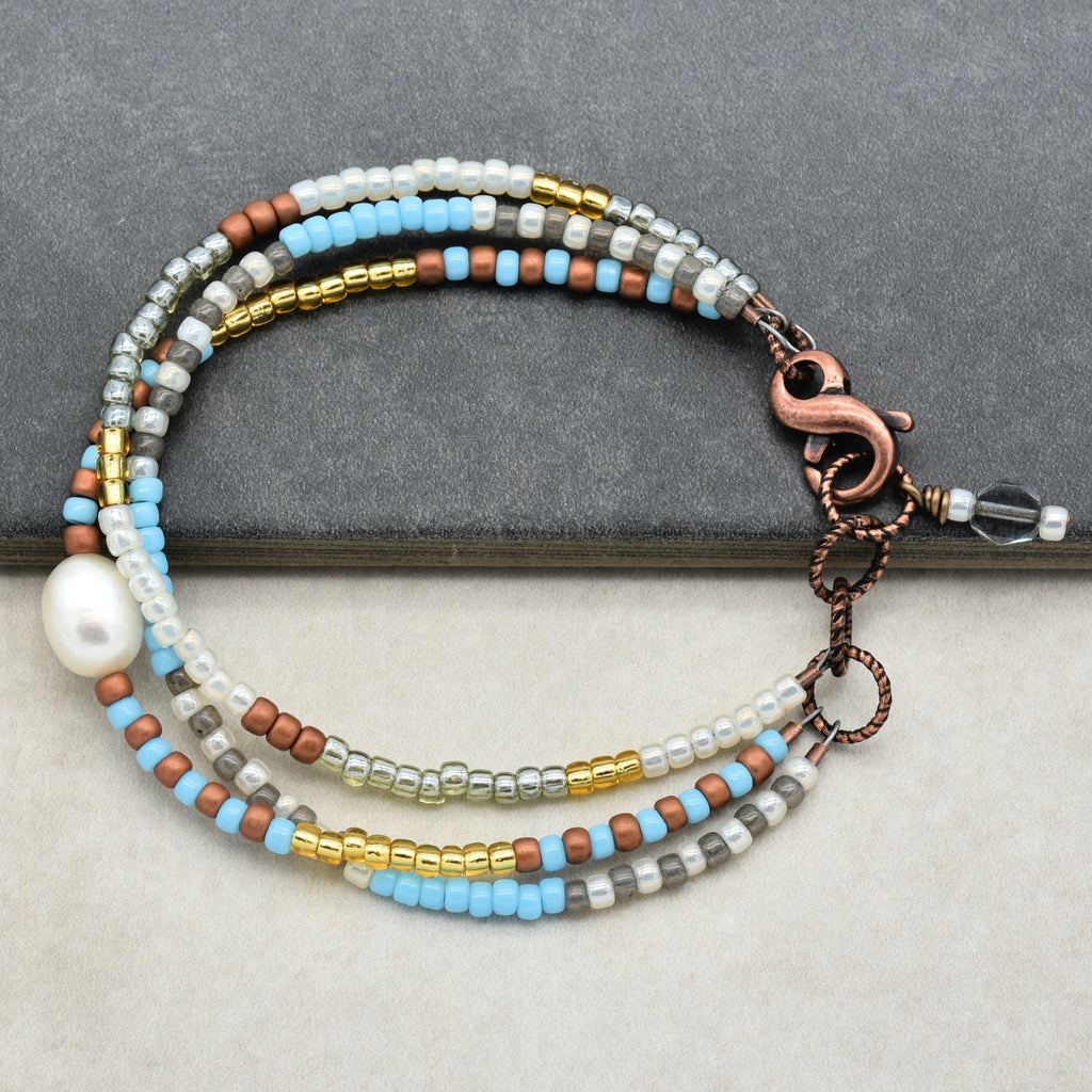 Perla Handmade Beaded Bracelet with Fresh Water Pearl, Toho Glass Seed Beads, Czech Glass, Antique Copper Finish Findings