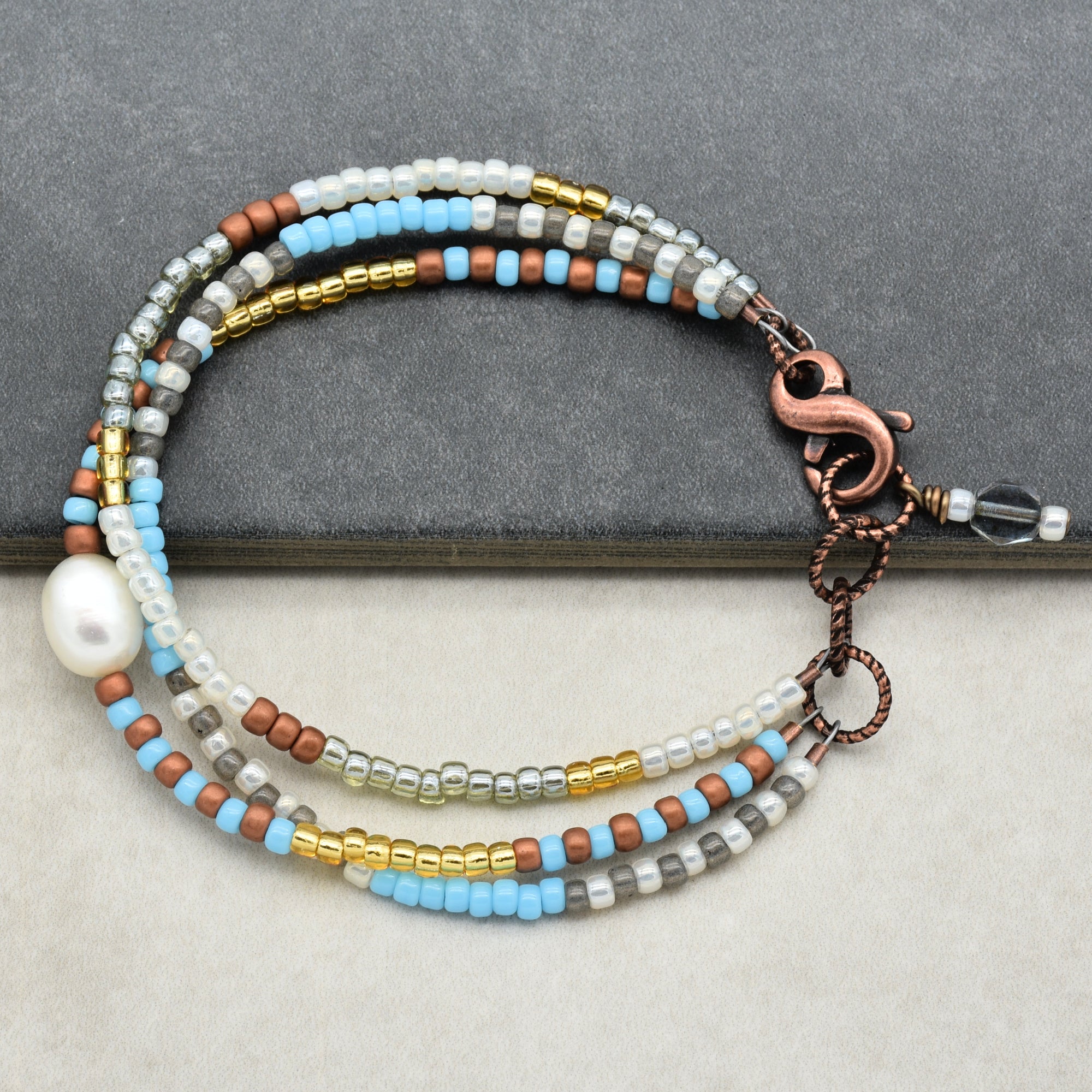Perla Handmade Beaded Bracelet with Fresh Water Pearl, Toho Glass Seed Beads, Czech Glass, Antique Copper Finish Findings