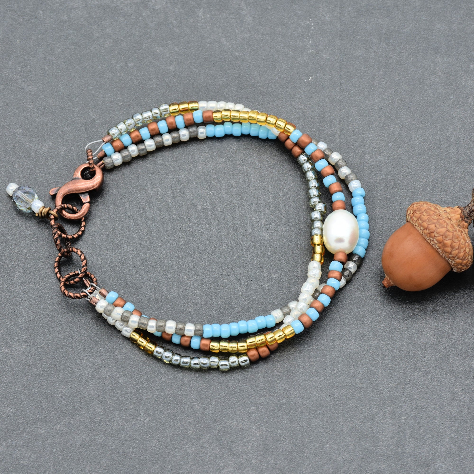 Perla Handmade Beaded Bracelet with Fresh Water Pearl, Toho Glass Seed Beads, Czech Glass, Antique Copper Finish Findings