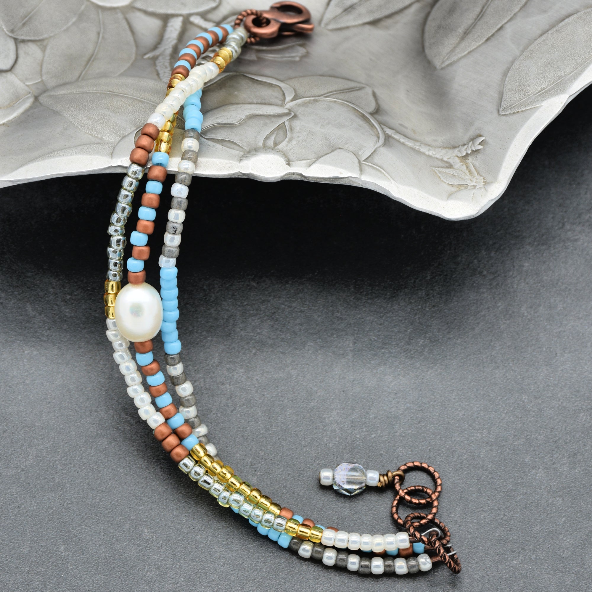 Perla Handmade Beaded Bracelet with Fresh Water Pearl, Toho Glass Seed Beads, Czech Glass, Antique Copper Finish Findings