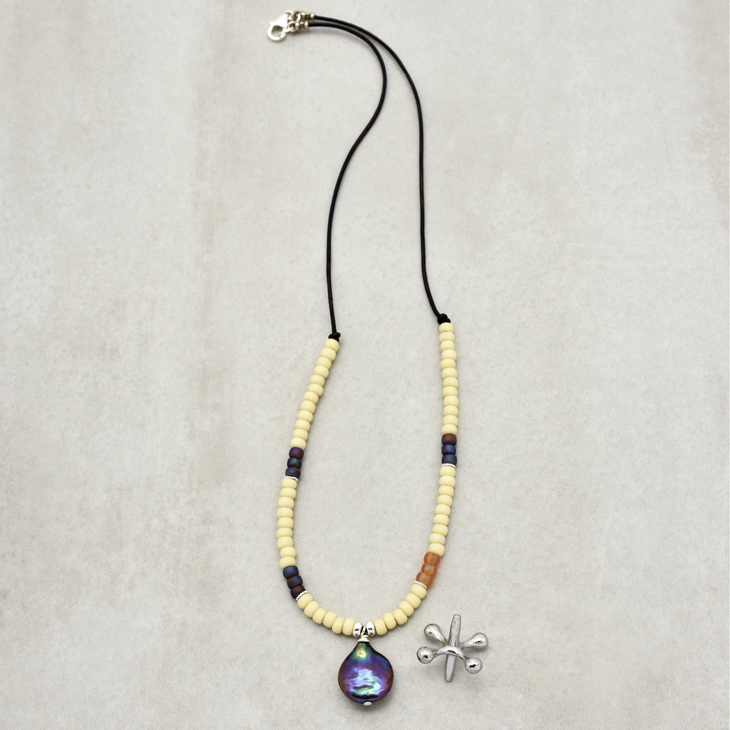 Perlita Azul Handmade Statement Necklace with Fresh Water Coin Pearl, Glass Seed Beads, Sterling Silver and Chocolate Leather Cord