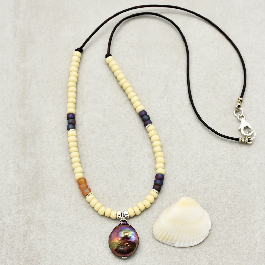 Perlita Azul Handmade Statement Necklace with Fresh Water Coin Pearl, Glass Seed Beads, Sterling Silver and Chocolate Leather Cord