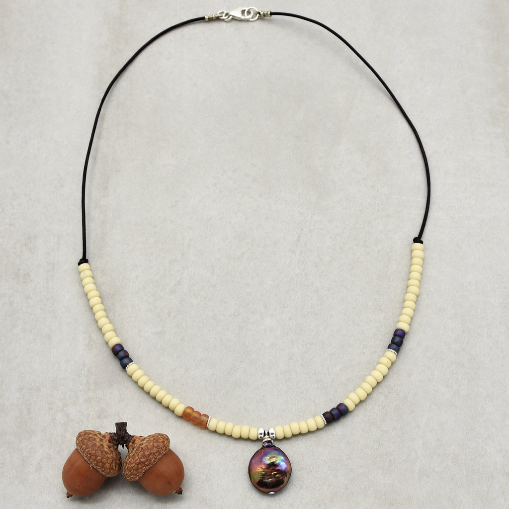 Perlita Azul Handmade Statement Necklace with Fresh Water Coin Pearl, Glass Seed Beads, Sterling Silver and Chocolate Leather Cord